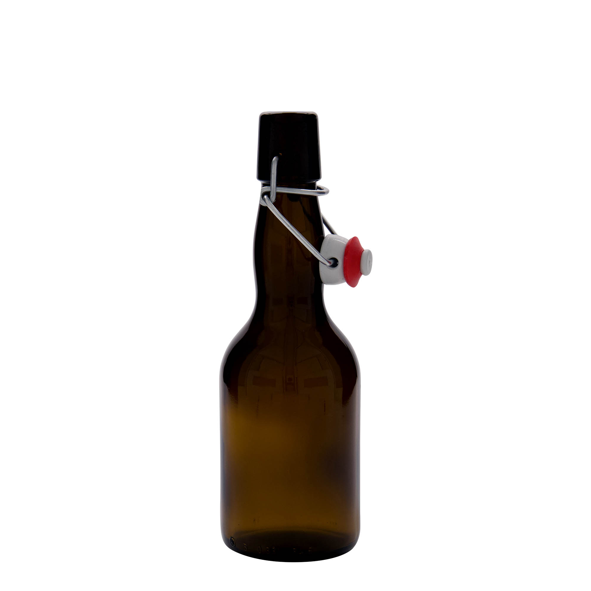 330 ml alaus butelis su kaklu, stiklas, rudas, anga: užsegamas užraktas