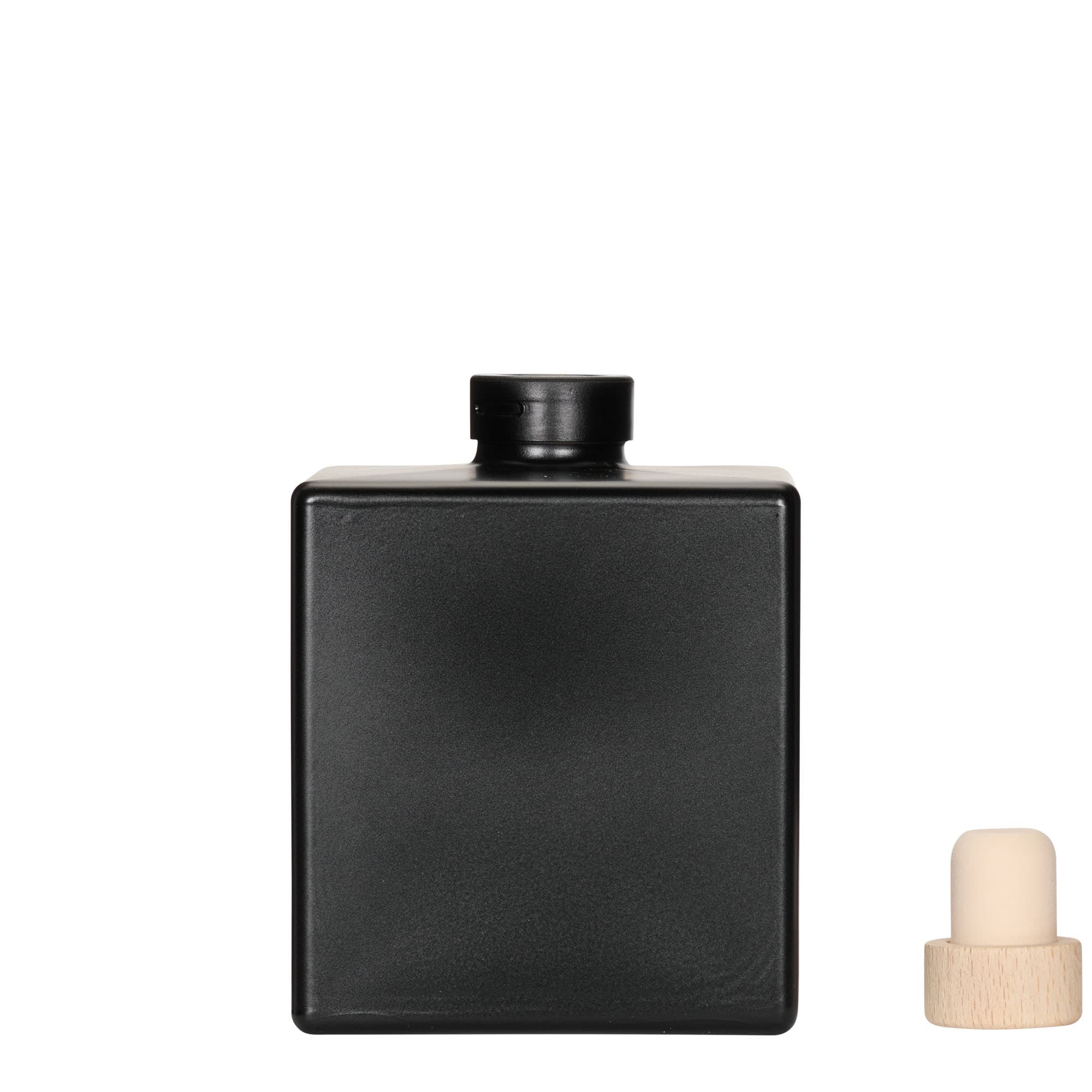 500 ml stiklinis butelis „Cube“, kvadratinis, juodas, anga: kamštis