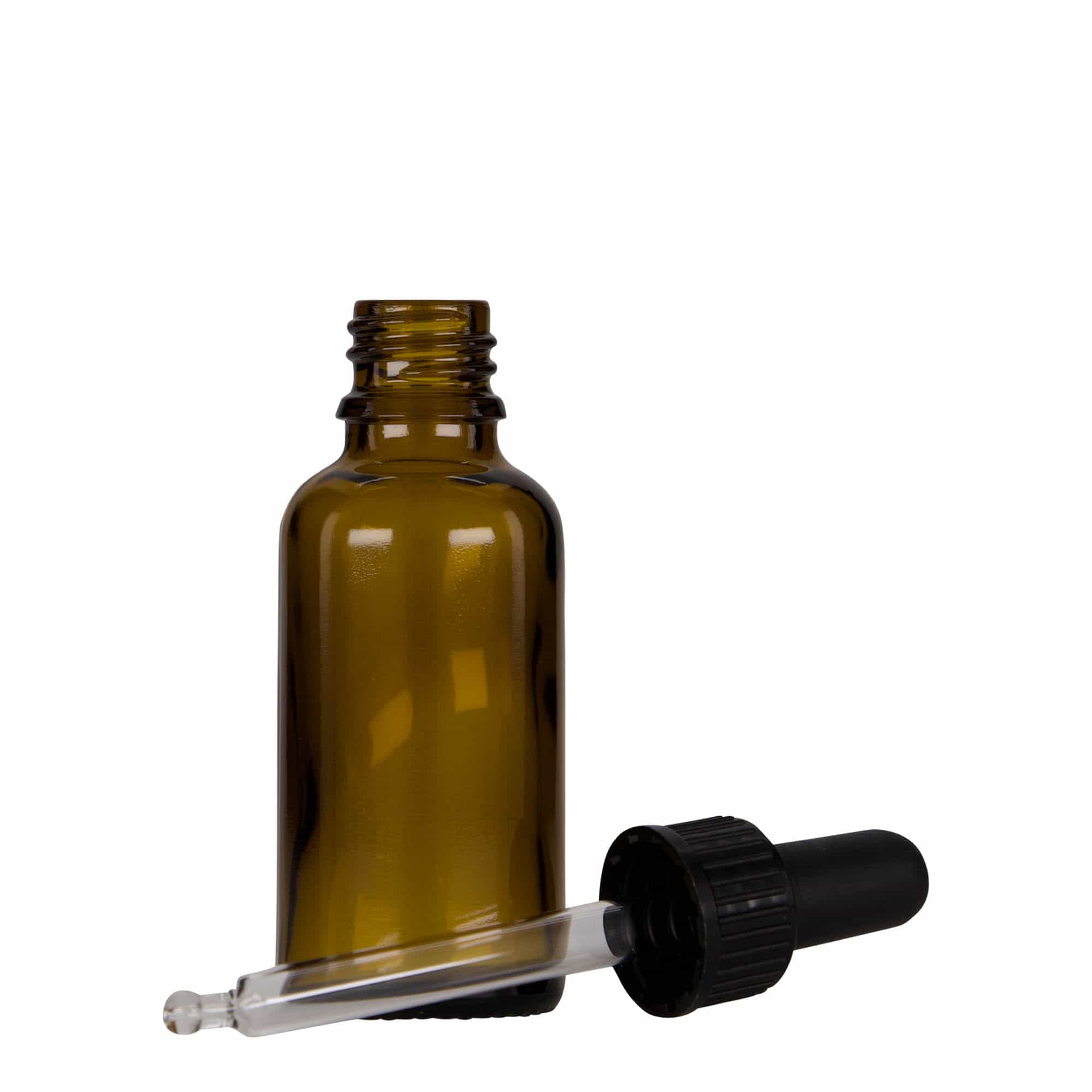 30 ml pipetinė medicininė buteliuko, stiklinė, ruda-juoda, kaklelis: DIN 18