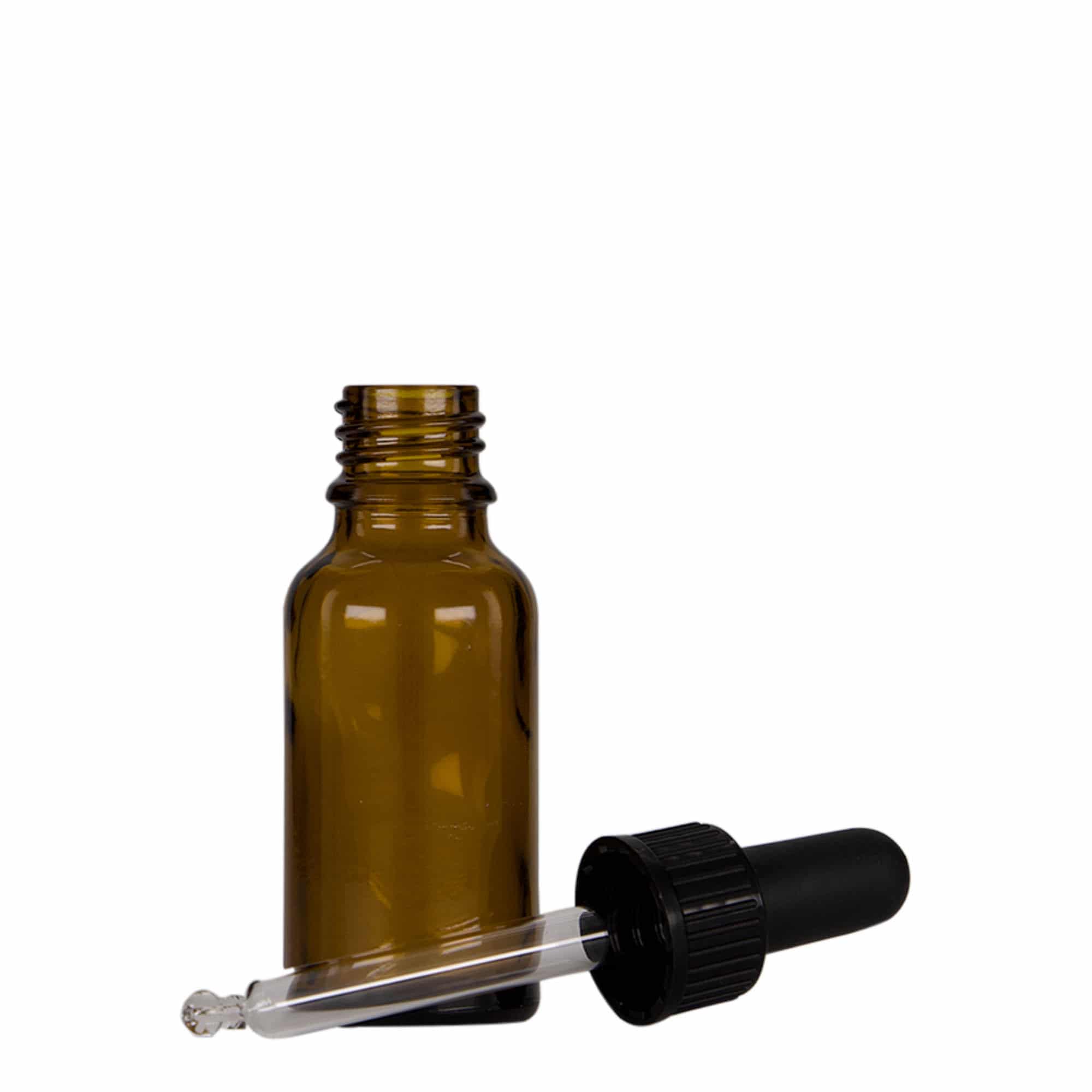 20 ml lašintuvo buteliukas medicinai, stiklas, rudo-juodas, anga: DIN 18