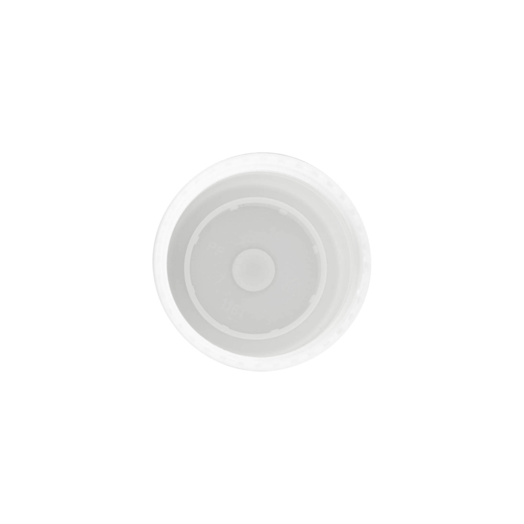 Dangtelis 50 ml ritininio buteliuko, PP plastikas, baltas, su srieginiu uždarymu angai