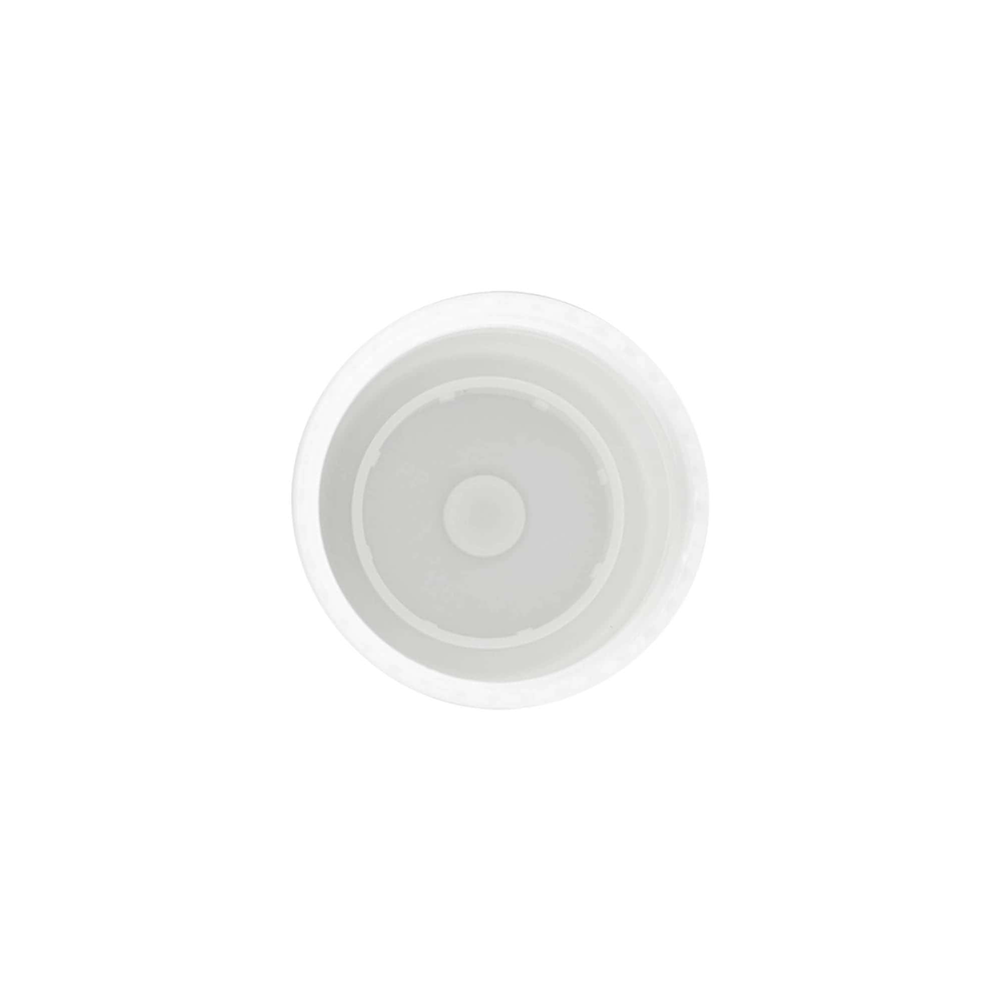 Dangtelis 50 ml ritininio buteliuko, PP plastikas, baltas, su srieginiu uždarymu angai Dangtelis 50 ml ritininio buteliuko, PP plastikas, baltas, su srieginiu uždarymu angai