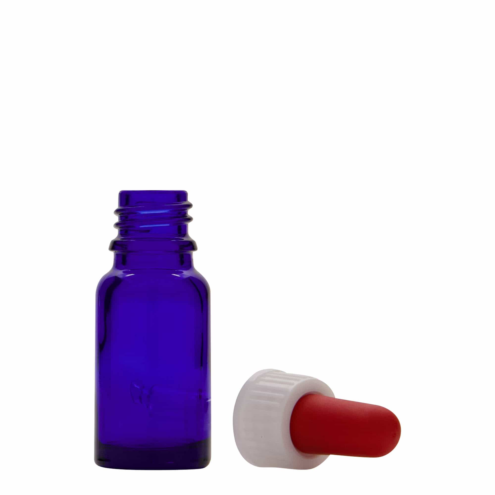 10 ml lašintuvo buteliukas medicinai, stiklas, karališkai mėlynas-raudonas, anga: DIN 18