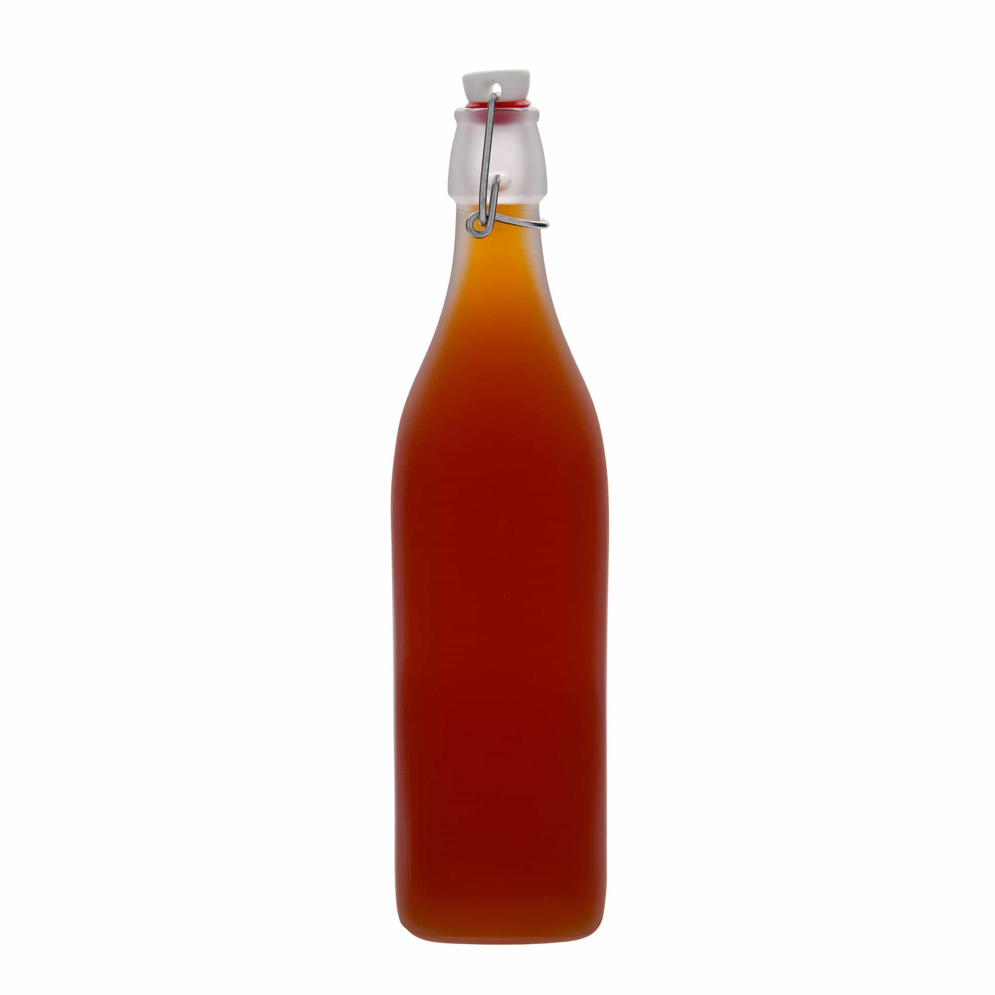 1.000 ml stiklinis butelis „Swing“, kvadratinis, matinė, kaklelis: užsegimas su lankeliu