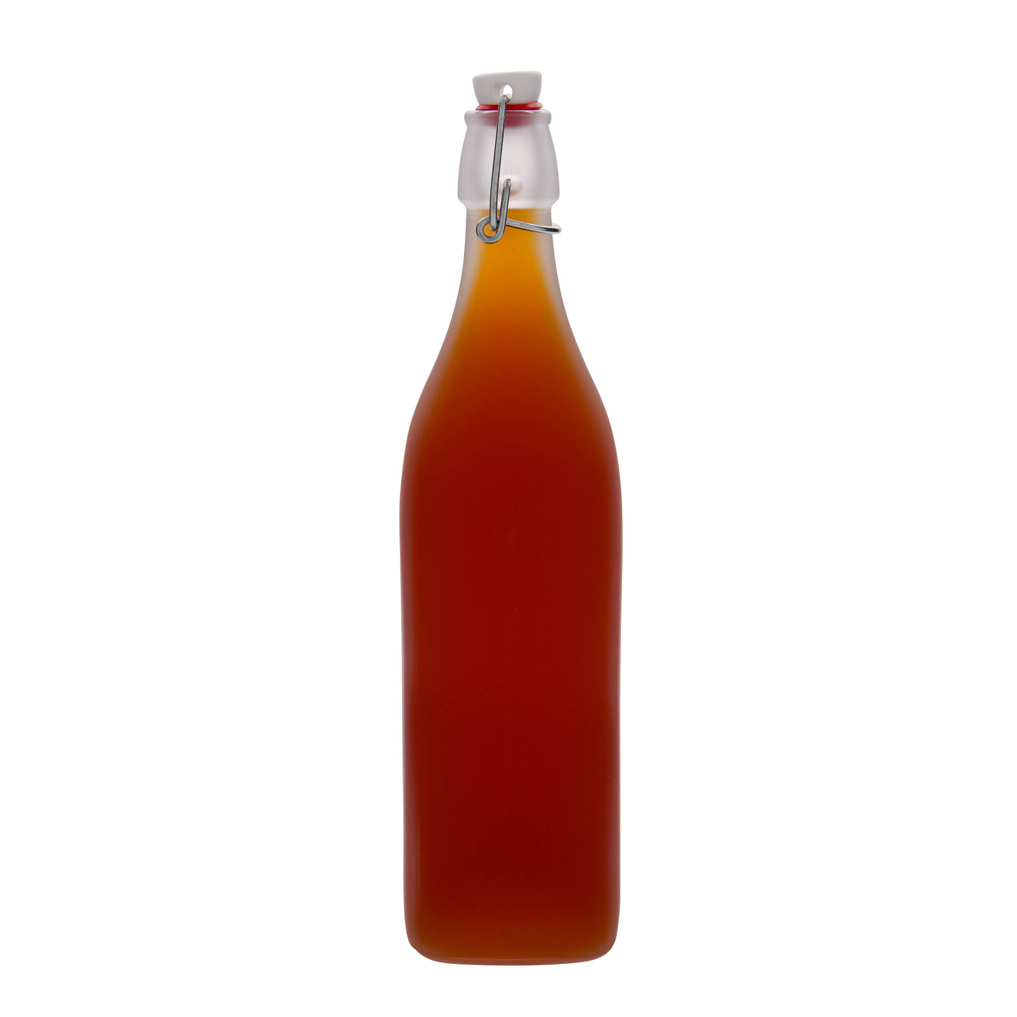 1.000 ml stiklinis butelis „Swing“, kvadratinis, matinė, kaklelis: užsegimas su lankeliu 1.000 ml stiklinis butelis „Swing“, kvadratinis, matinė, kaklelis: užsegimas su lankeliu
