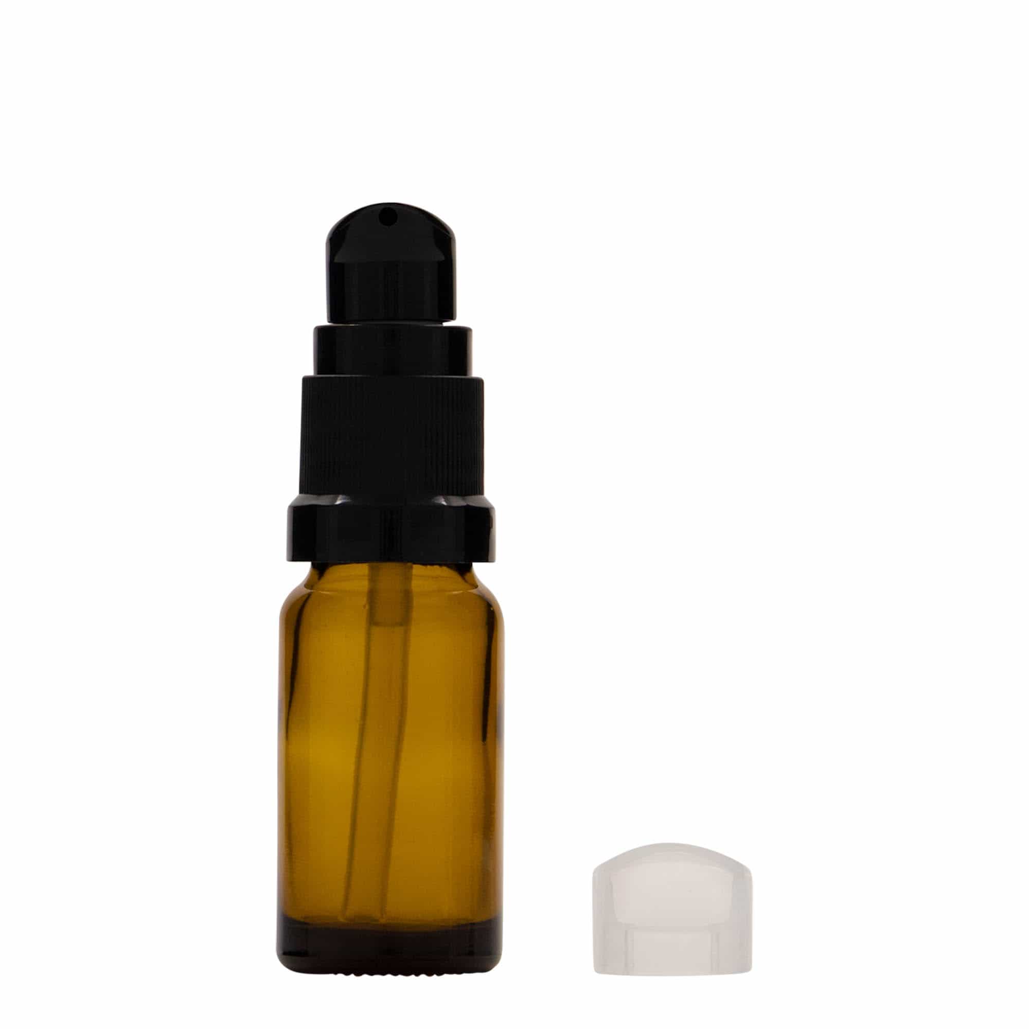 10 ml medicininis buteliukas su losjono pompa, stiklas, rudas, anga: DIN 18