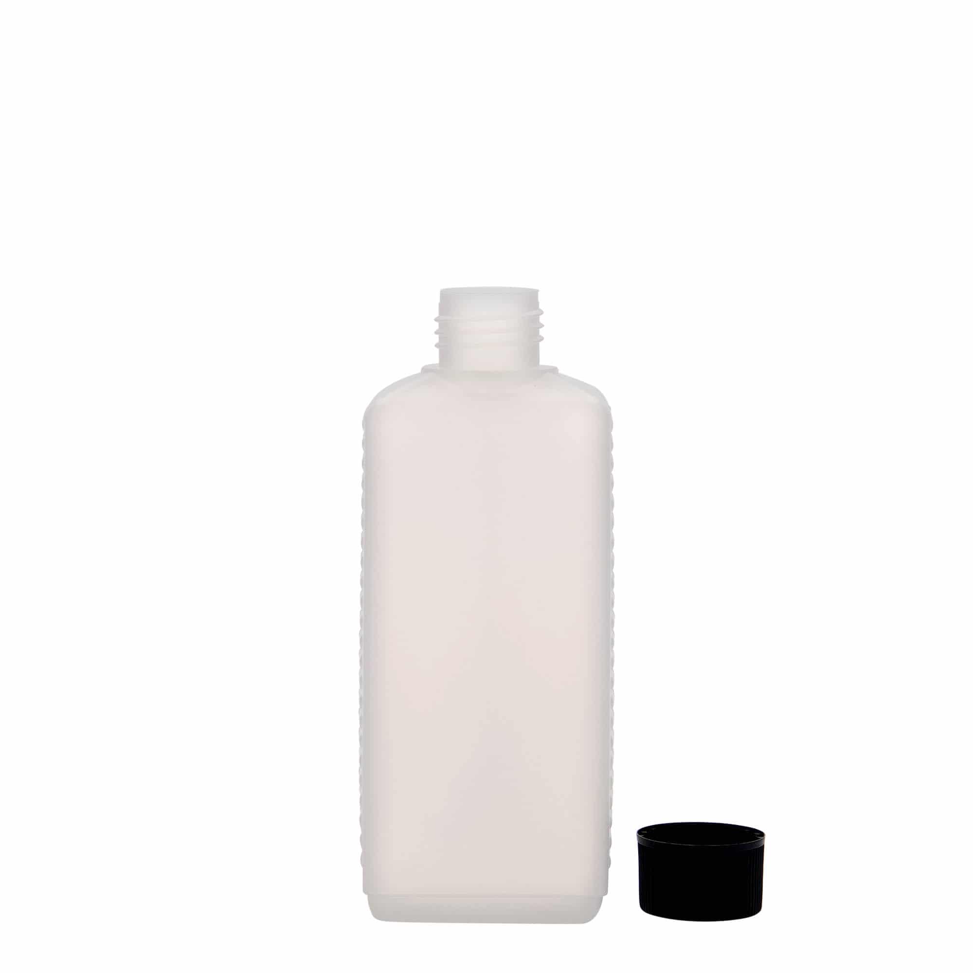 250 ml kanistrinė buteliukas, stačiakampis, HDPE plastikas, natūralios spalvos, anga: DIN 25 EPE