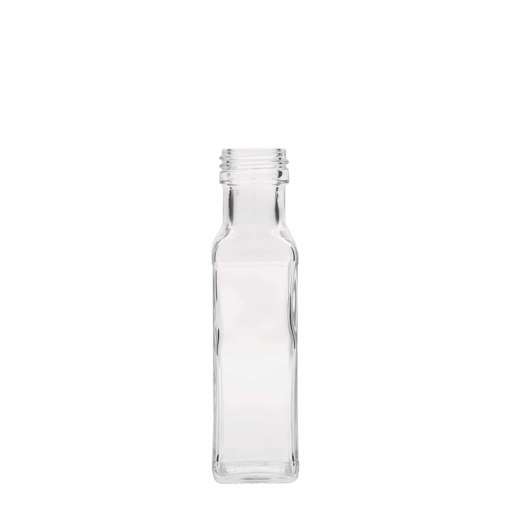 100 ml stiklinis buteliukas „Marasca“, kvadratinis, anga: PP 31,5
