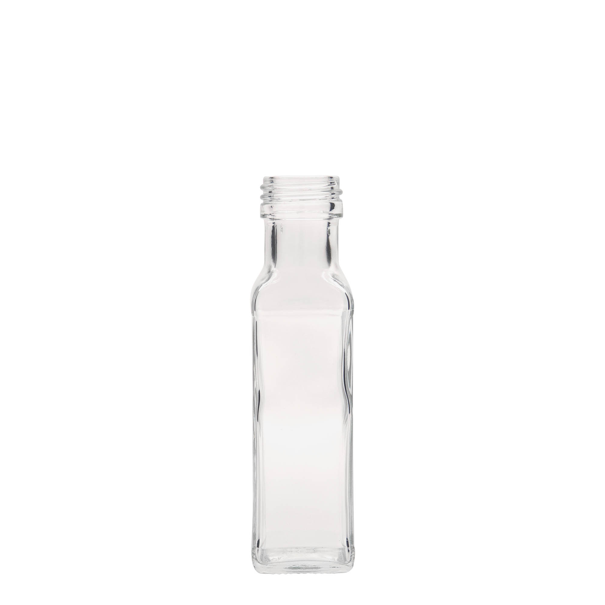 100 ml stiklinis buteliukas „Marasca“, kvadratinis, anga: PP 31,5