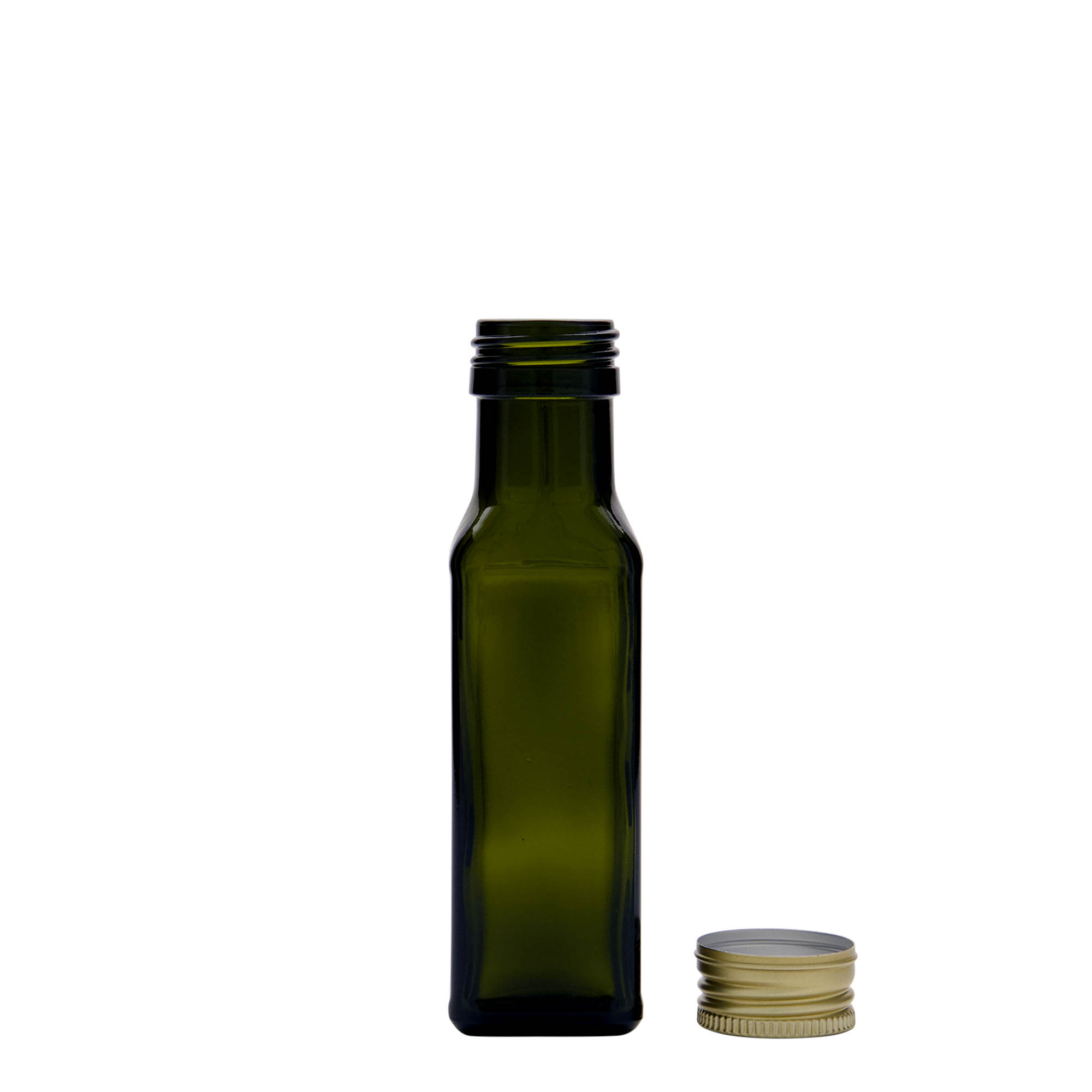 100 ml stiklinis butelis „Marasca“, kvadratinis, senovinės žalios spalvos, burnos anga: PP 31,5 100 ml stiklinis butelis „Marasca“, kvadratinis, senovinės žalios spalvos, burnos anga: PP 31,5
