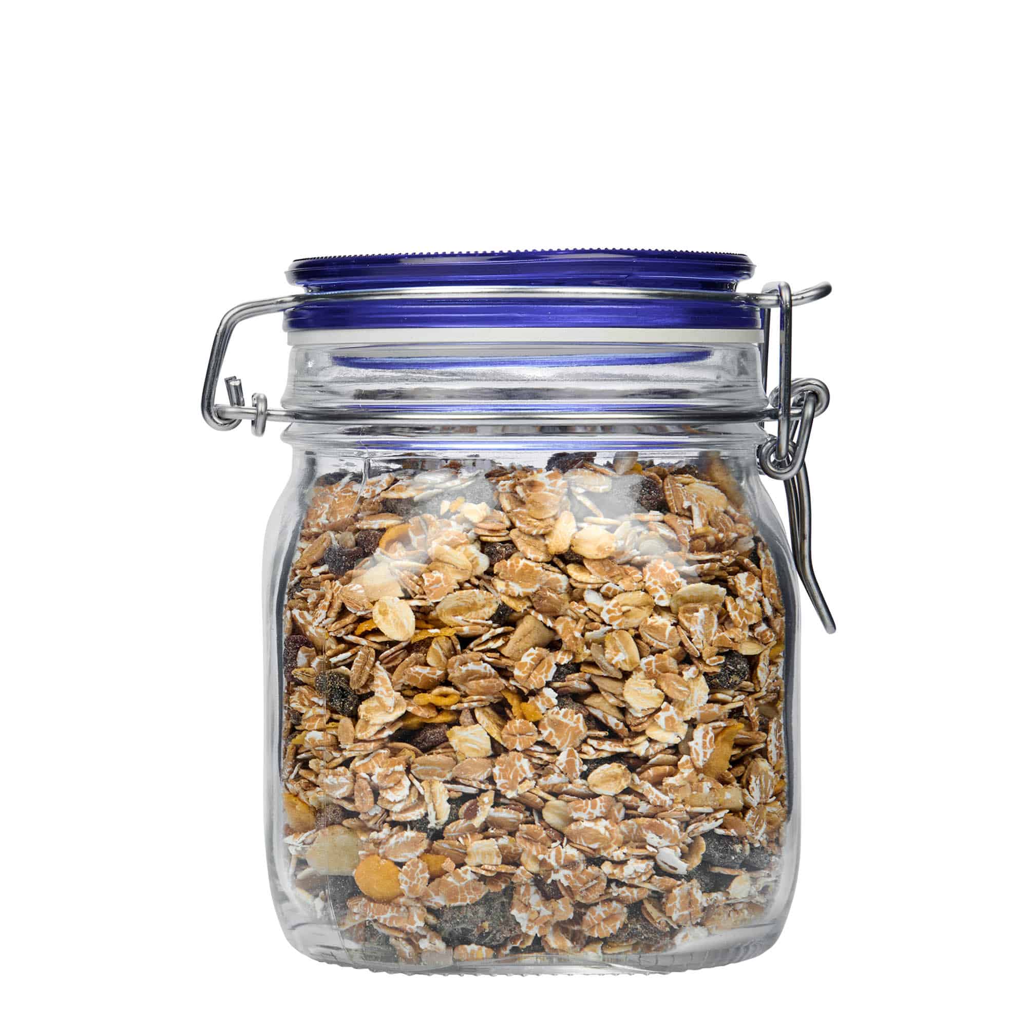 750 ml vielos užsegamas stiklainis „Fido“ mėlynu dangteliu, kvadratinis, anga: vielos užsegimas