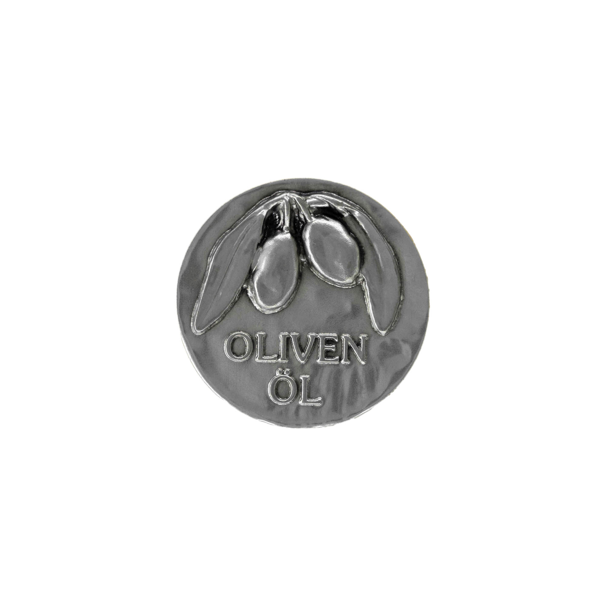 Švino etiketė „Alyvuogių aliejus“, metalas, sidabrinė spalva