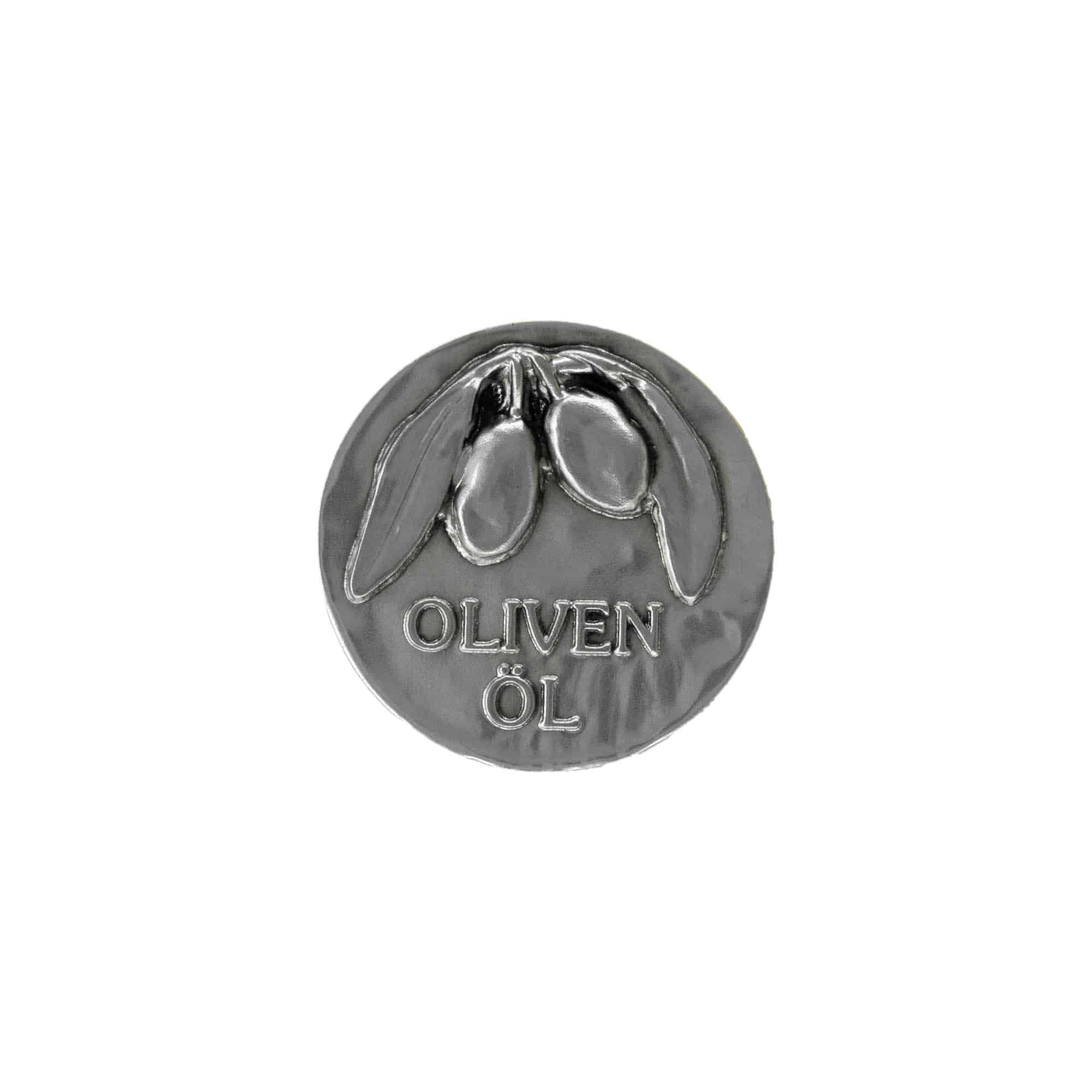 Švino etiketė „Alyvuogių aliejus“, metalas, sidabrinė spalva