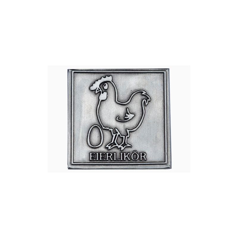 Švino etiketė „Kiaušinių likeriai“, kvadratinė, metalinė, sidabrinė Švino etiketė „Kiaušinių likeriai“, kvadratinė, metalinė, sidabrinė