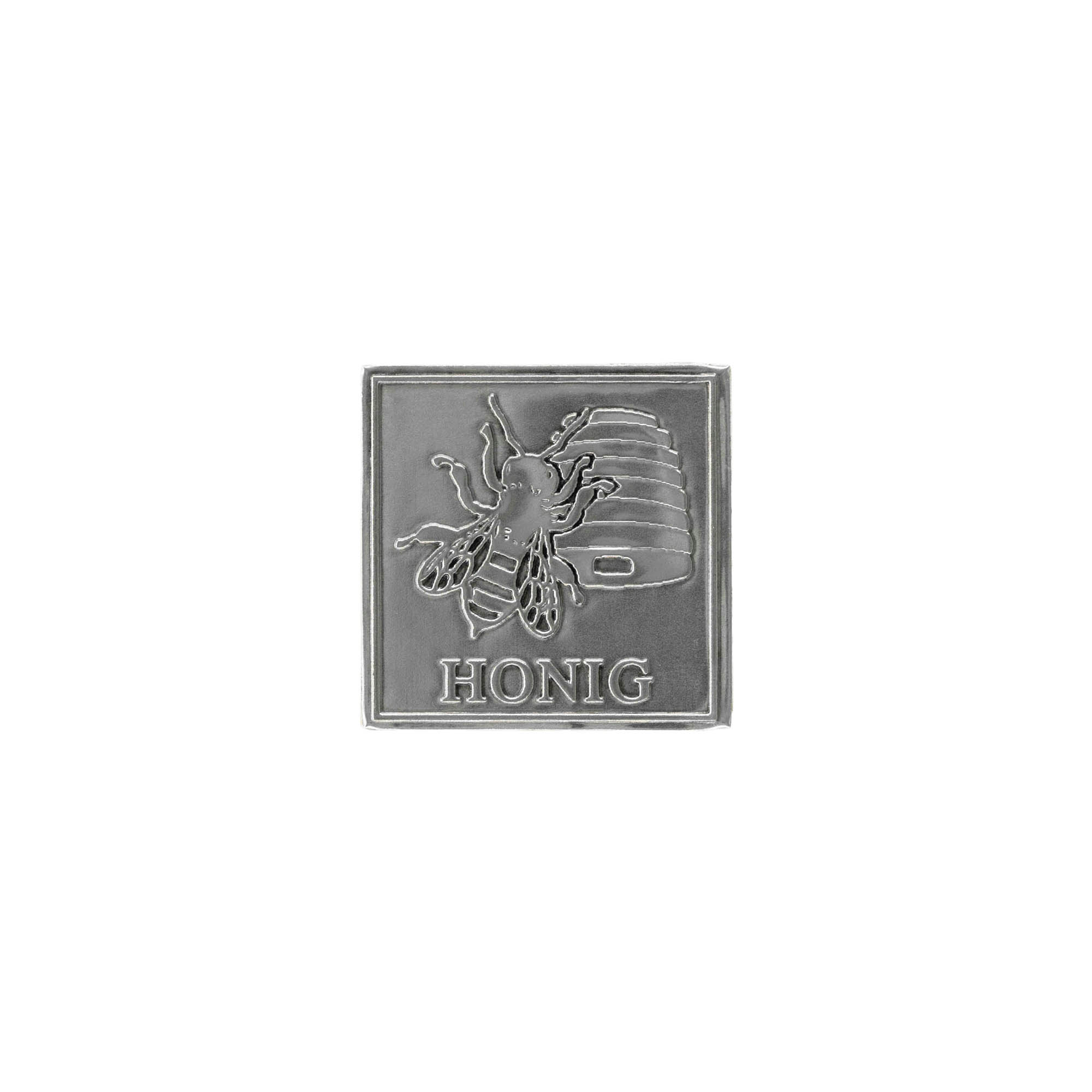 Švino etiketė „Medus“, kvadratinė, metalinė, sidabrinė Švino etiketė „Medus“, kvadratinė, metalinė, sidabrinė