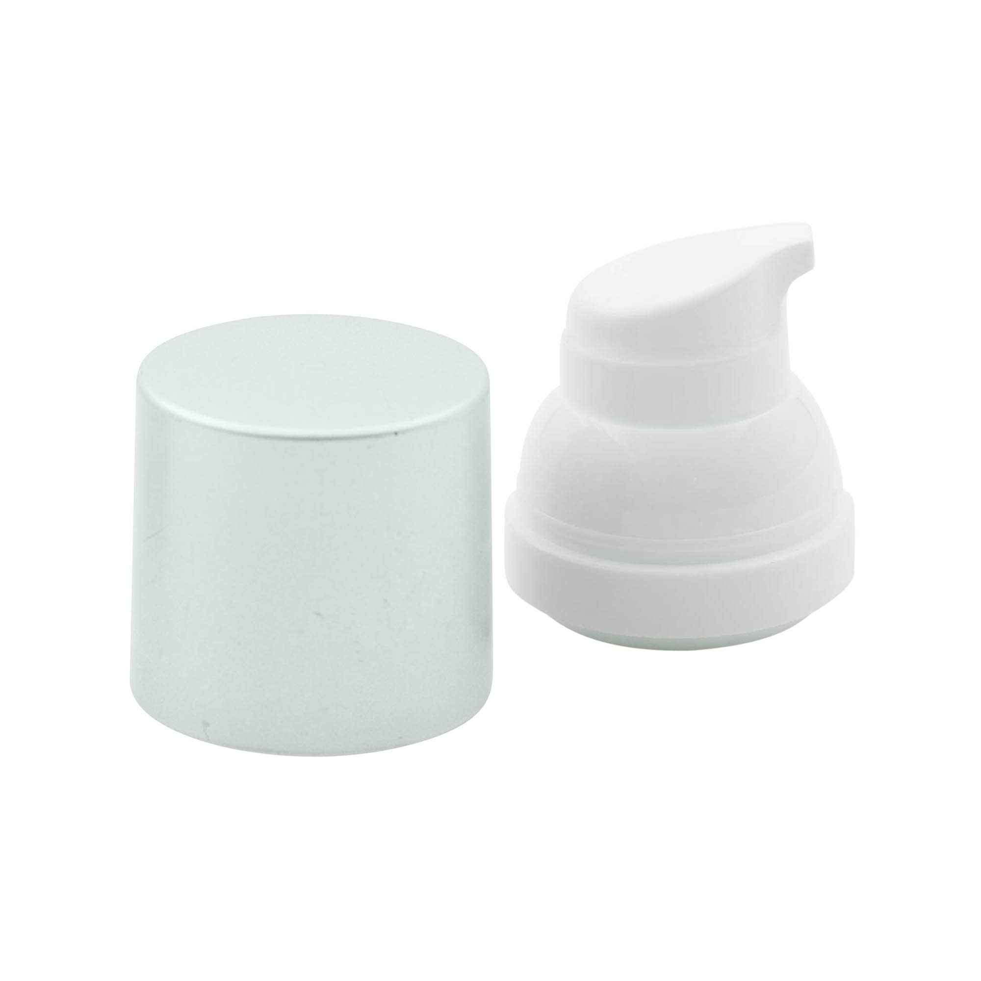 Airless dozatoriaus pompos galvutė „Mezzo“, D tipo, PP plastikas, balta su matinio sidabro metalizuota dangteliu