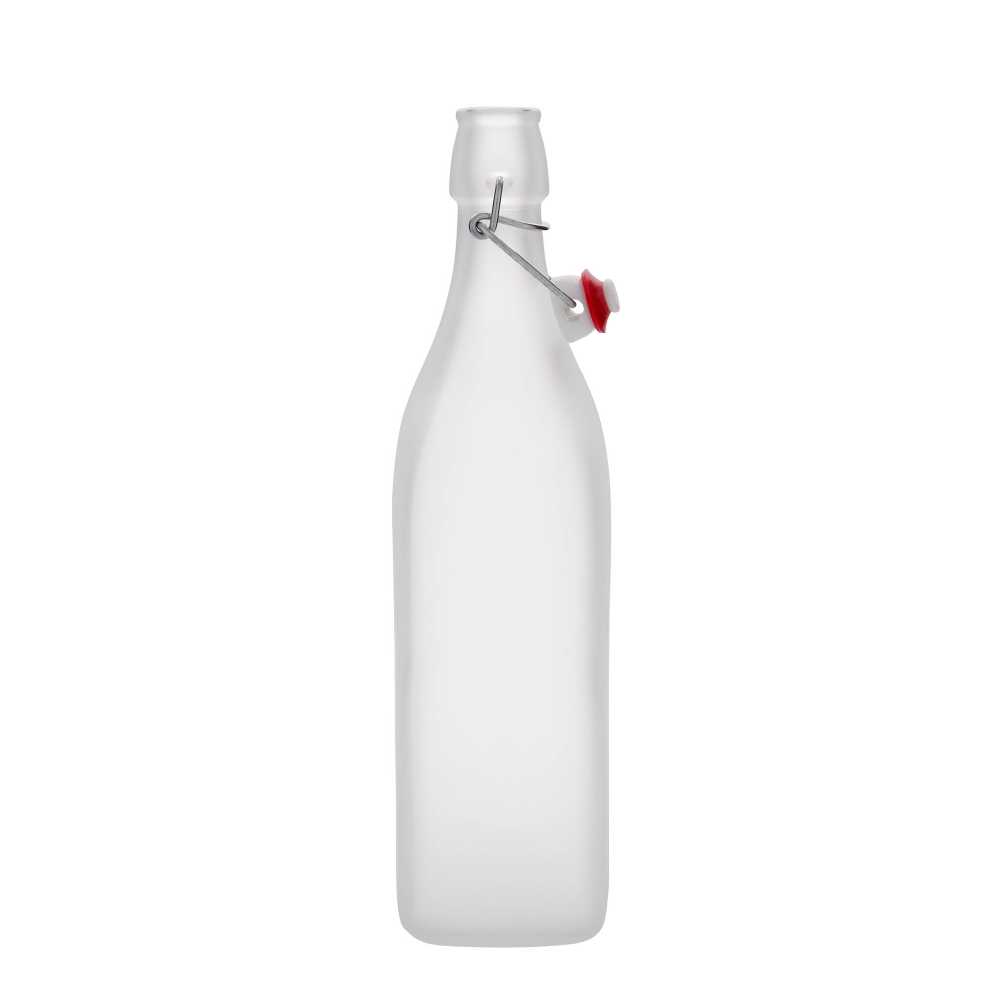 1.000 ml stiklinis butelis „Swing“, kvadratinis, matinė, kaklelis: užsegimas su lankeliu