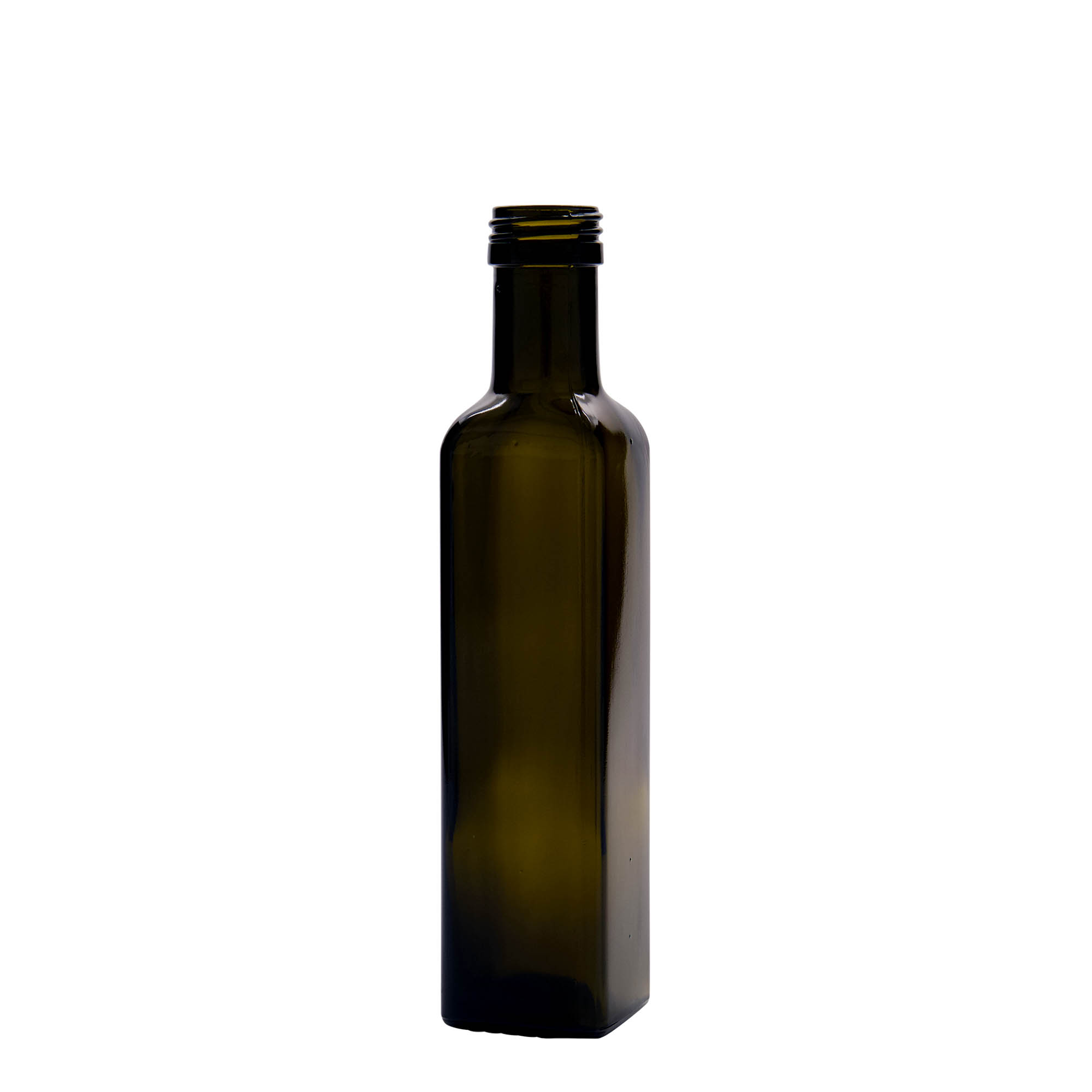 250 ml stiklinis butelis „Marasca“, kvadratinis, antikinės žalumos, anga: PP 31,5