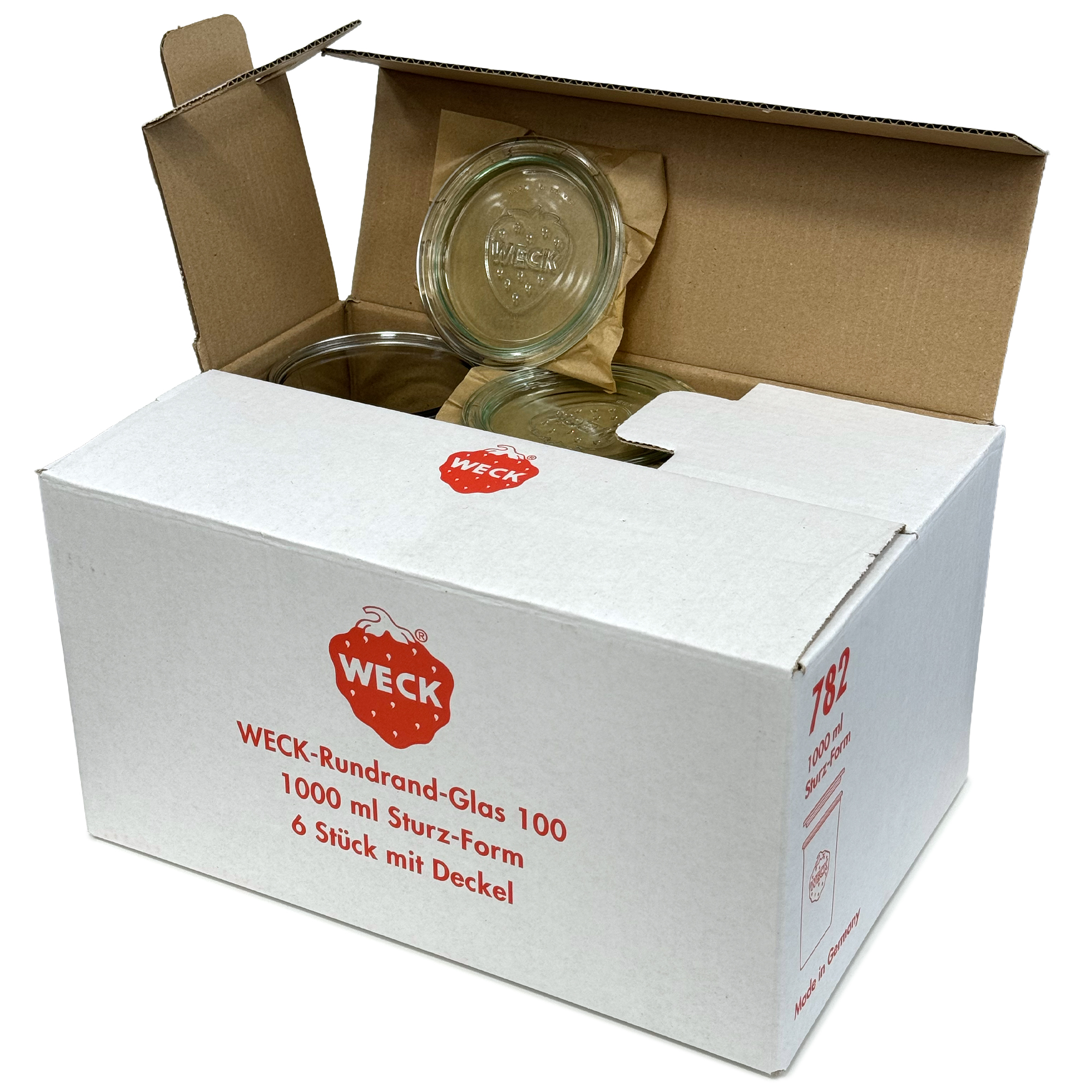 6x 1000 ml WECK-stiklainis su plačiu burnu su stiklo dangteliu RR 100