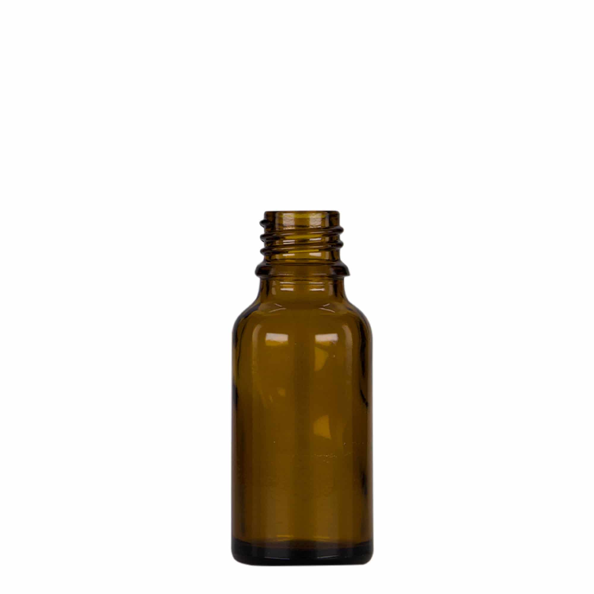 20 ml lašintuvo buteliukas medicinai, stiklas, rudo-juodas, anga: DIN 18