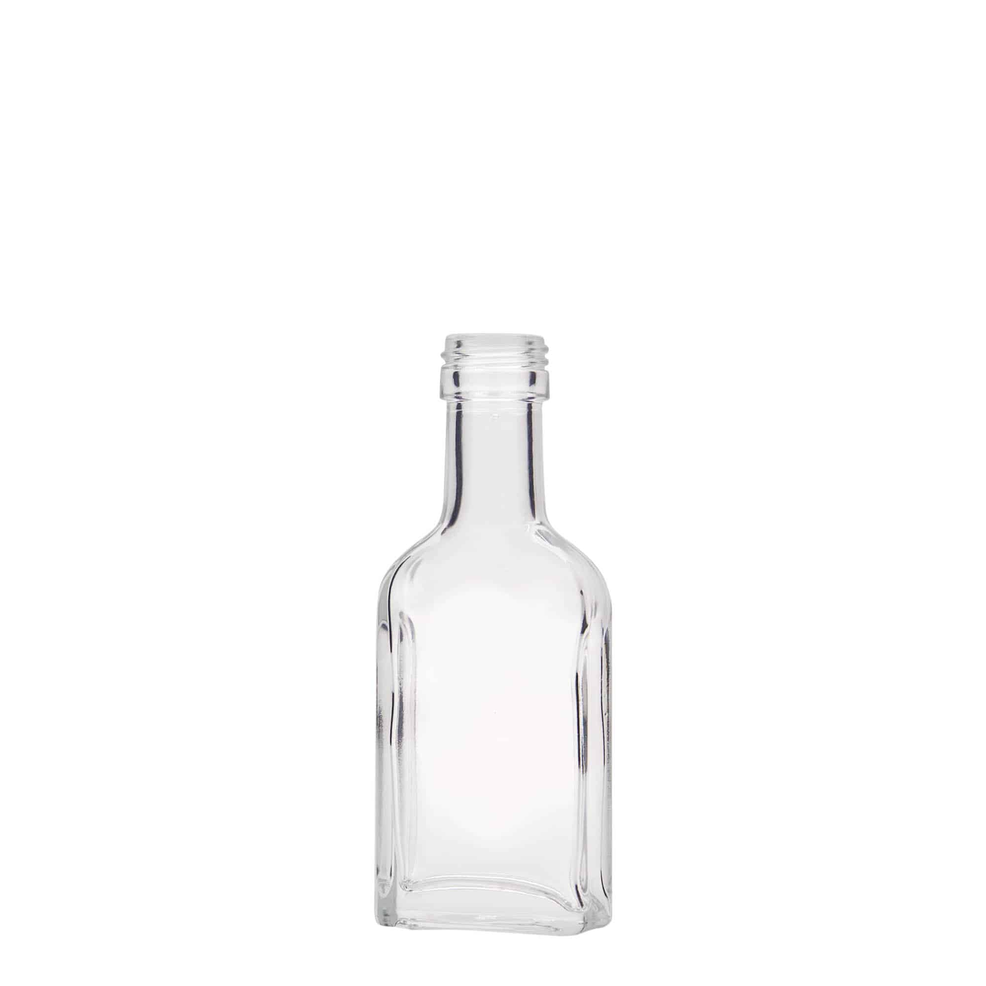 40 ml kišeninė buteliukė ilgai kakliukui, stačiakampė, stiklas, anga: PP 22