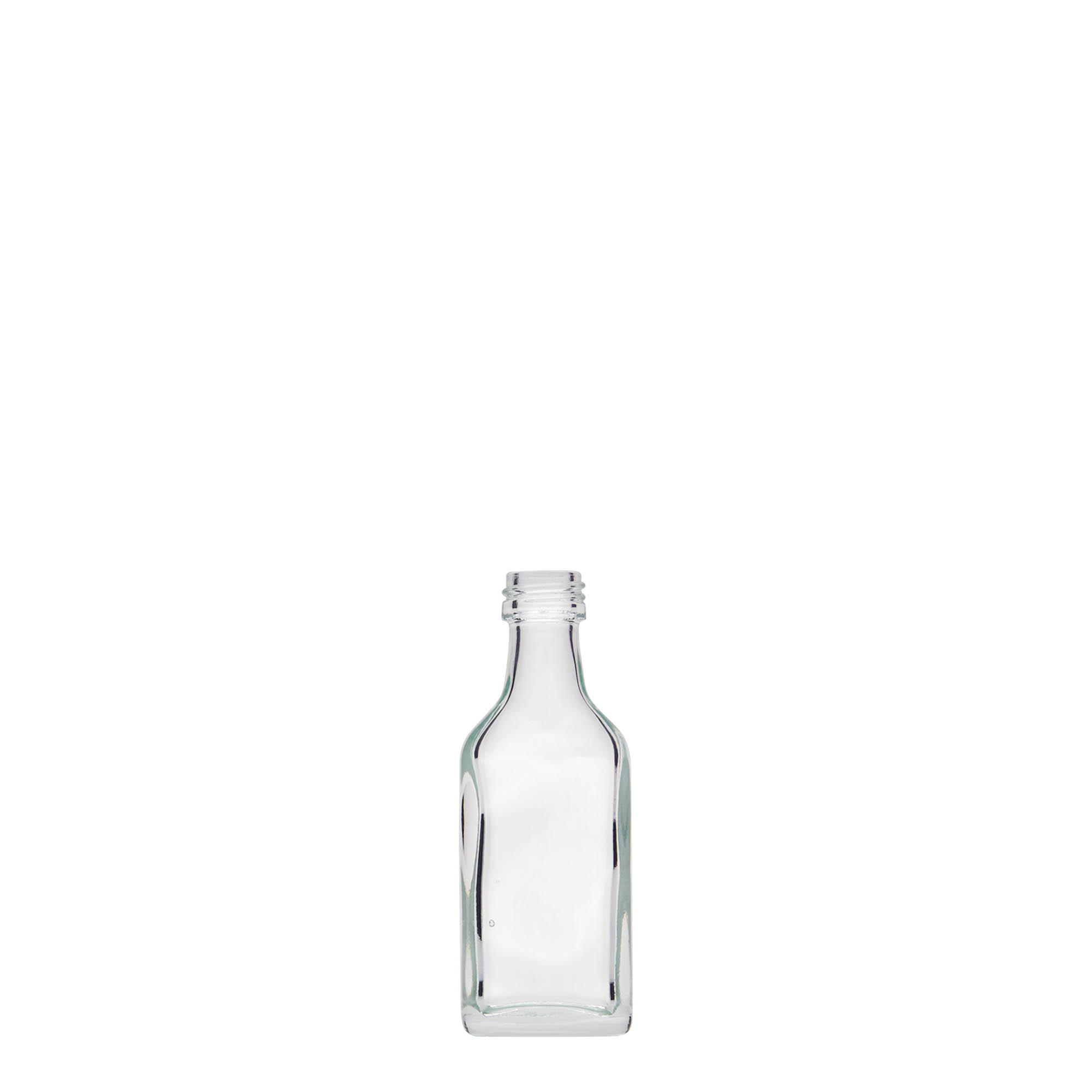 20 ml kišeninė buteliukė, stačiakampė, stiklinė, anga: PP 18