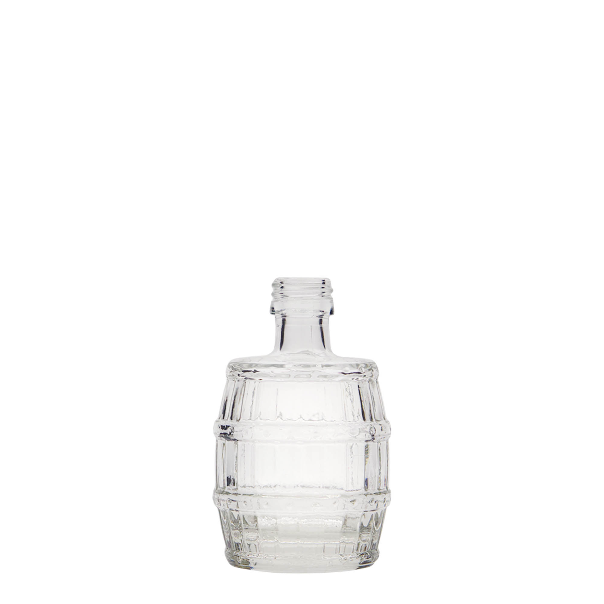 50 ml stiklinis buteliukas „Statinė“, burna: PP 18 50 ml stiklinis buteliukas „Statinė“, burna: PP 18