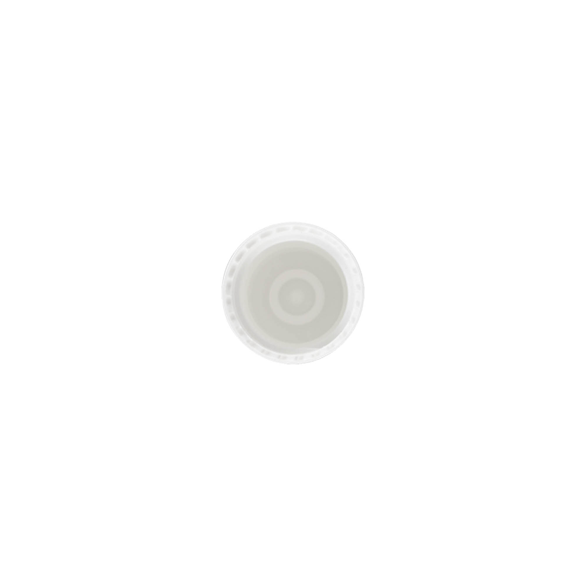 Dangtelis 10 ml ritininio buteliuko, PP plastikas, baltas, užmaunamas ant burnos: sriegiamas uždarymas Dangtelis 10 ml ritininio buteliuko, PP plastikas, baltas, užmaunamas ant burnos: sriegiamas uždarymas