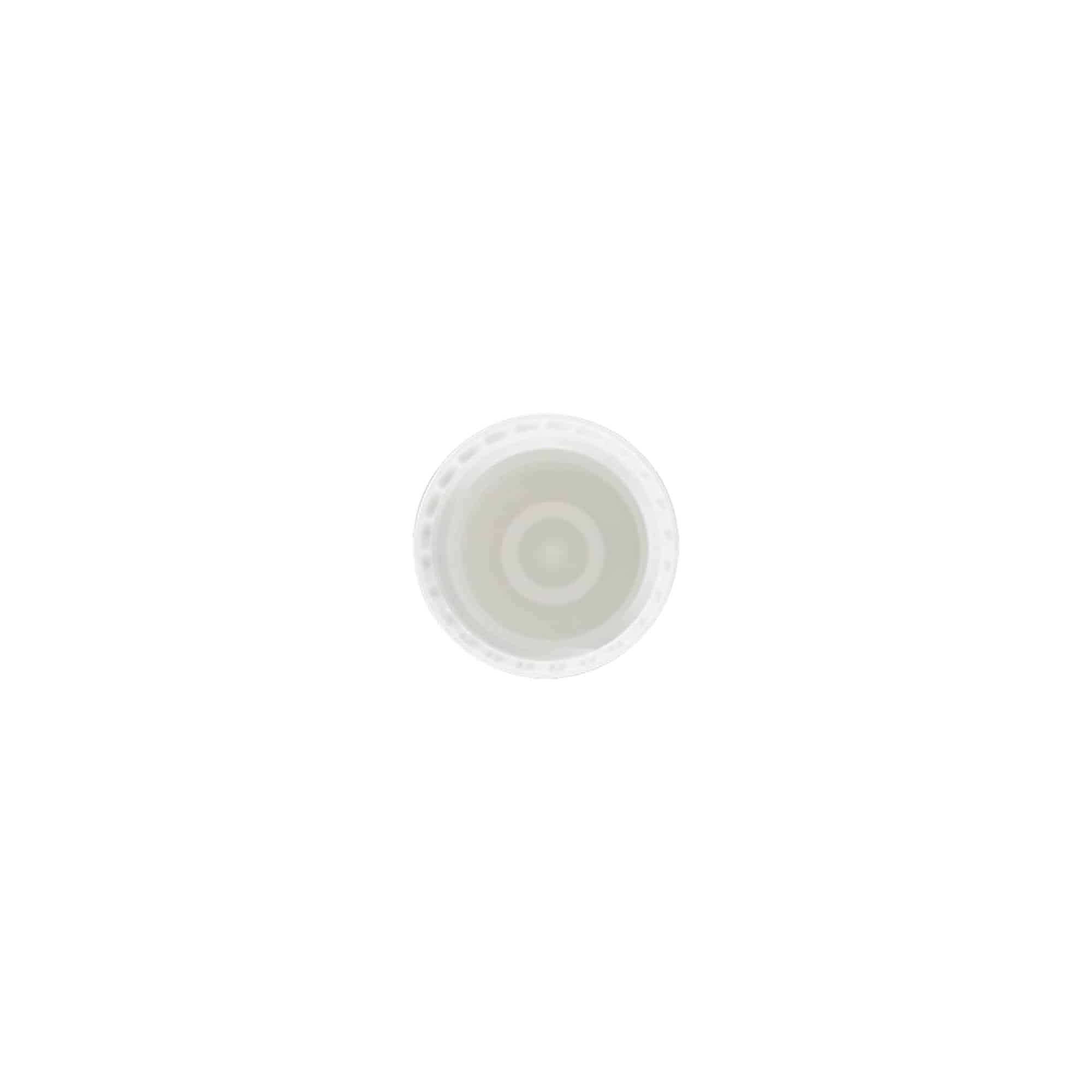 Dangtelis 10 ml ritininio buteliuko, PP plastikas, baltas, užmaunamas ant burnos: sriegiamas uždarymas Dangtelis 10 ml ritininio buteliuko, PP plastikas, baltas, užmaunamas ant burnos: sriegiamas uždarymas