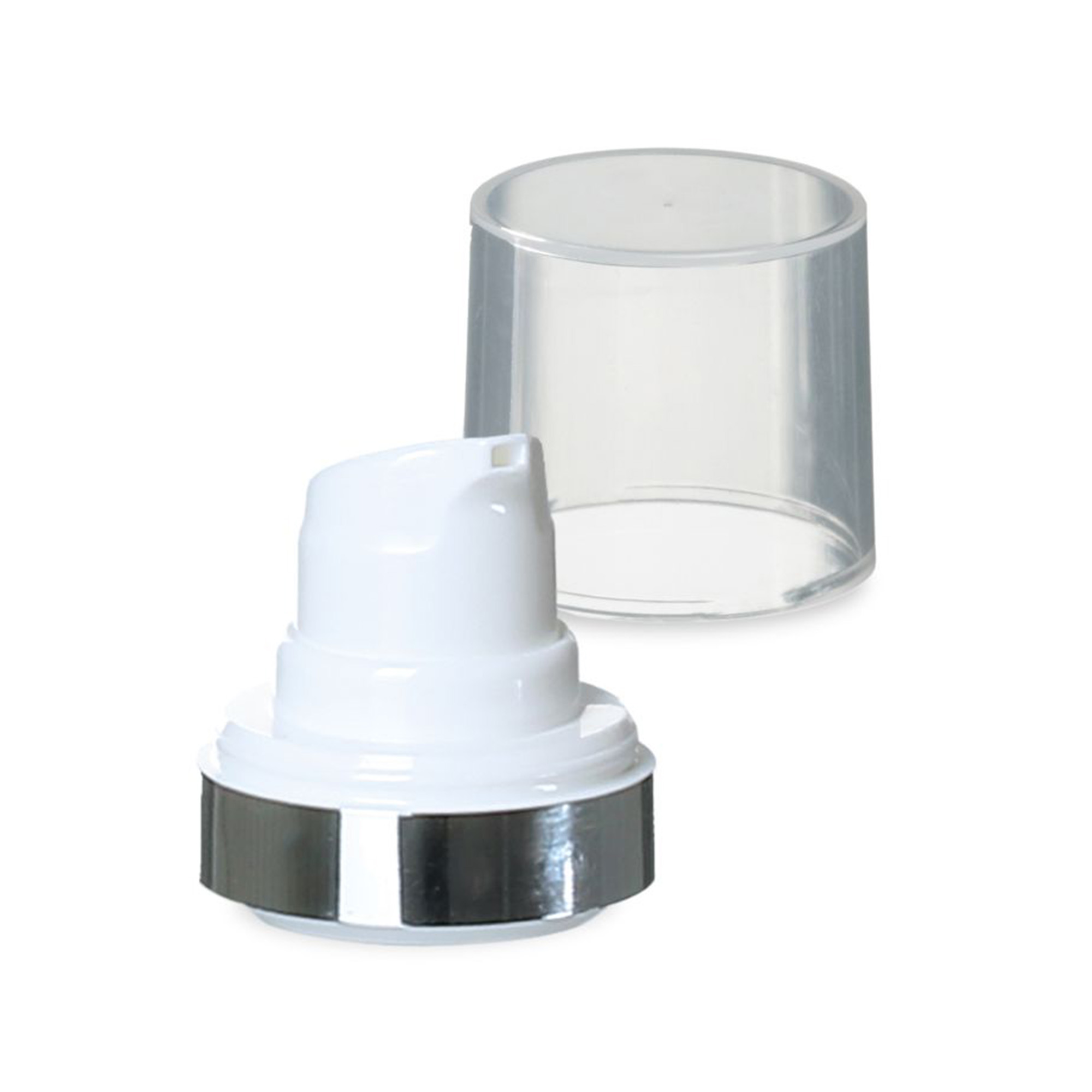 Airless galvutė Micro sidabrinis kraštelis + natūralios spalvos, blizgi uždengimo kepurėlė Airless galvutė Micro sidabrinis kraštelis + natūralios spalvos, blizgi uždengimo kepurėlė