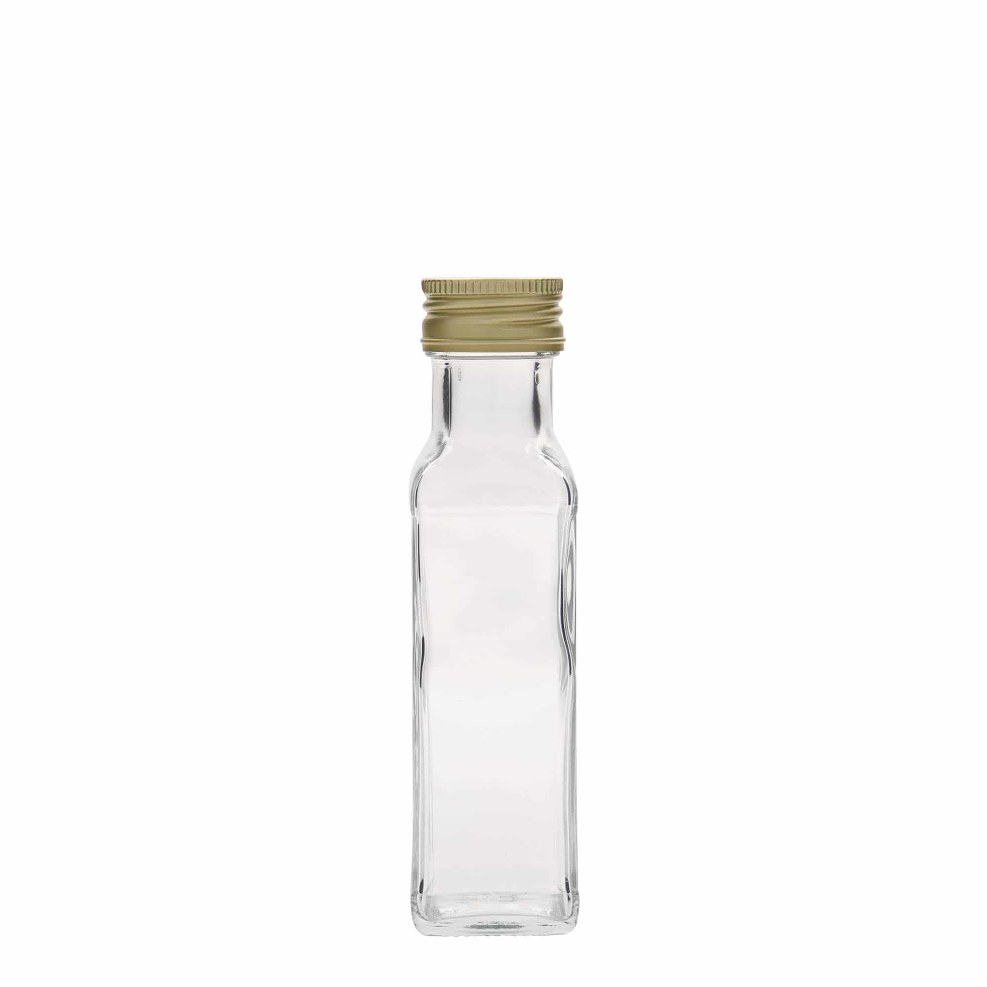 100 ml stiklinis buteliukas „Marasca“, kvadratinis, anga: PP 31,5