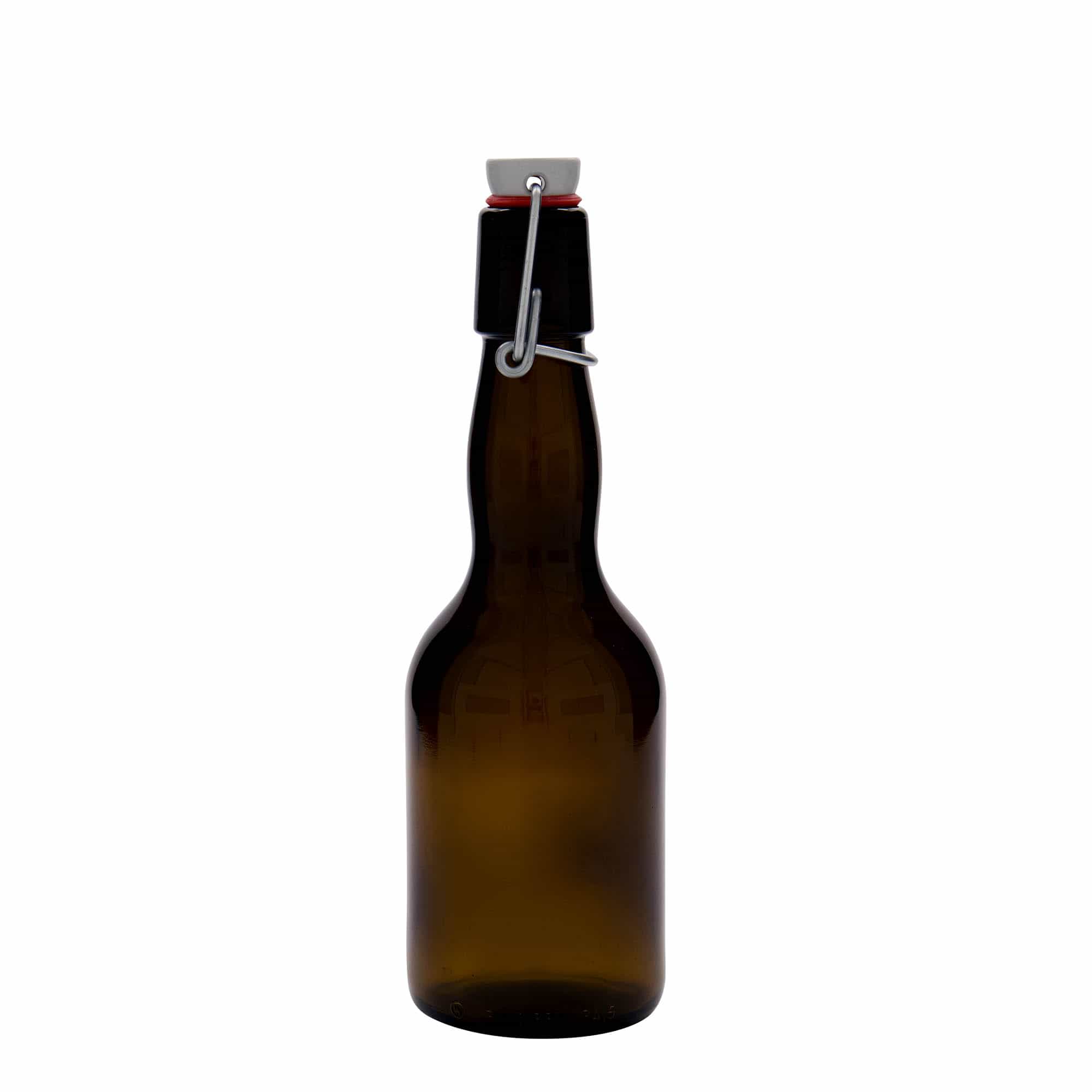 330 ml alaus butelis su kaklu, stiklas, rudas, anga: užsegamas užraktas