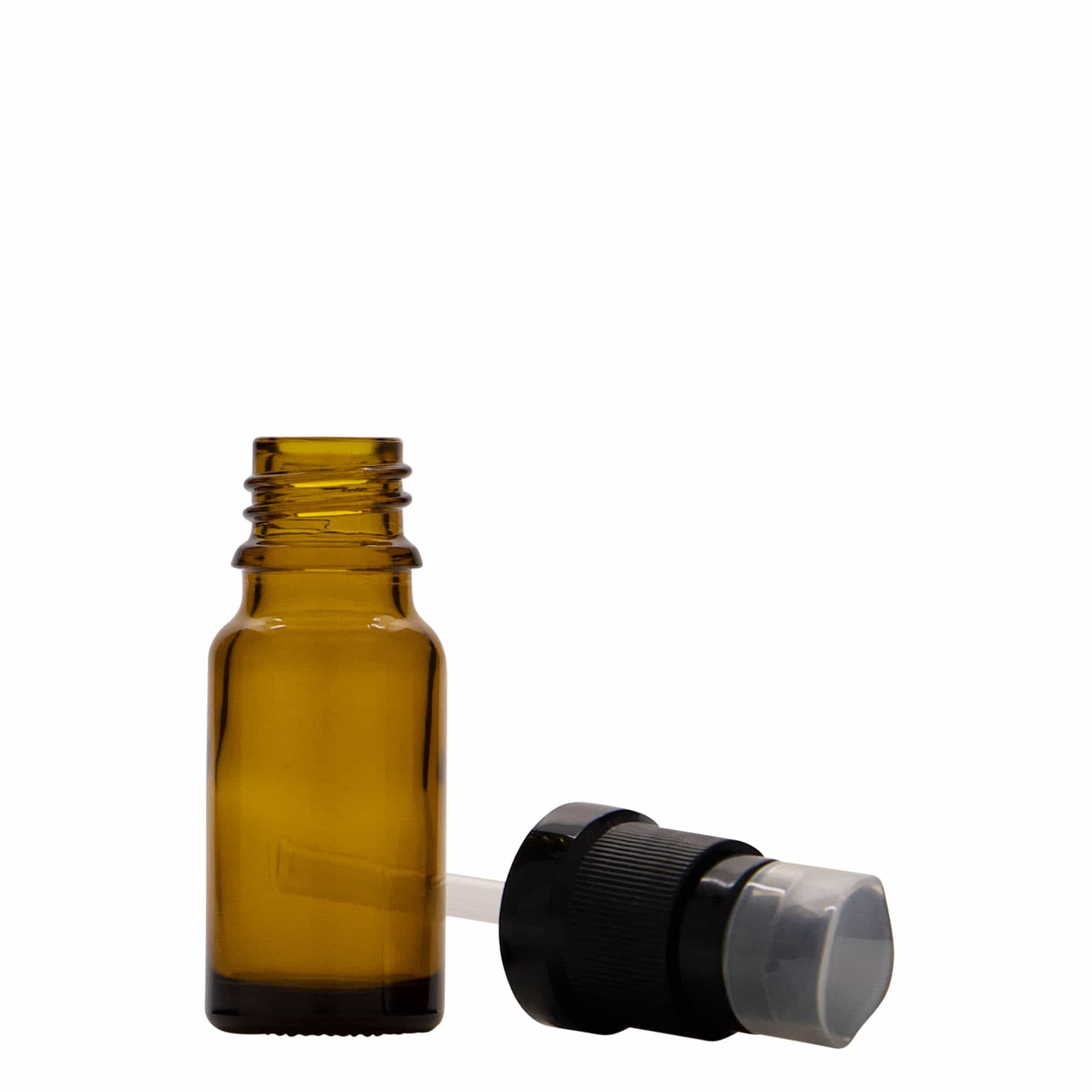 10 ml medicininis buteliukas su losjono pompa, stiklas, rudas, anga: DIN 18