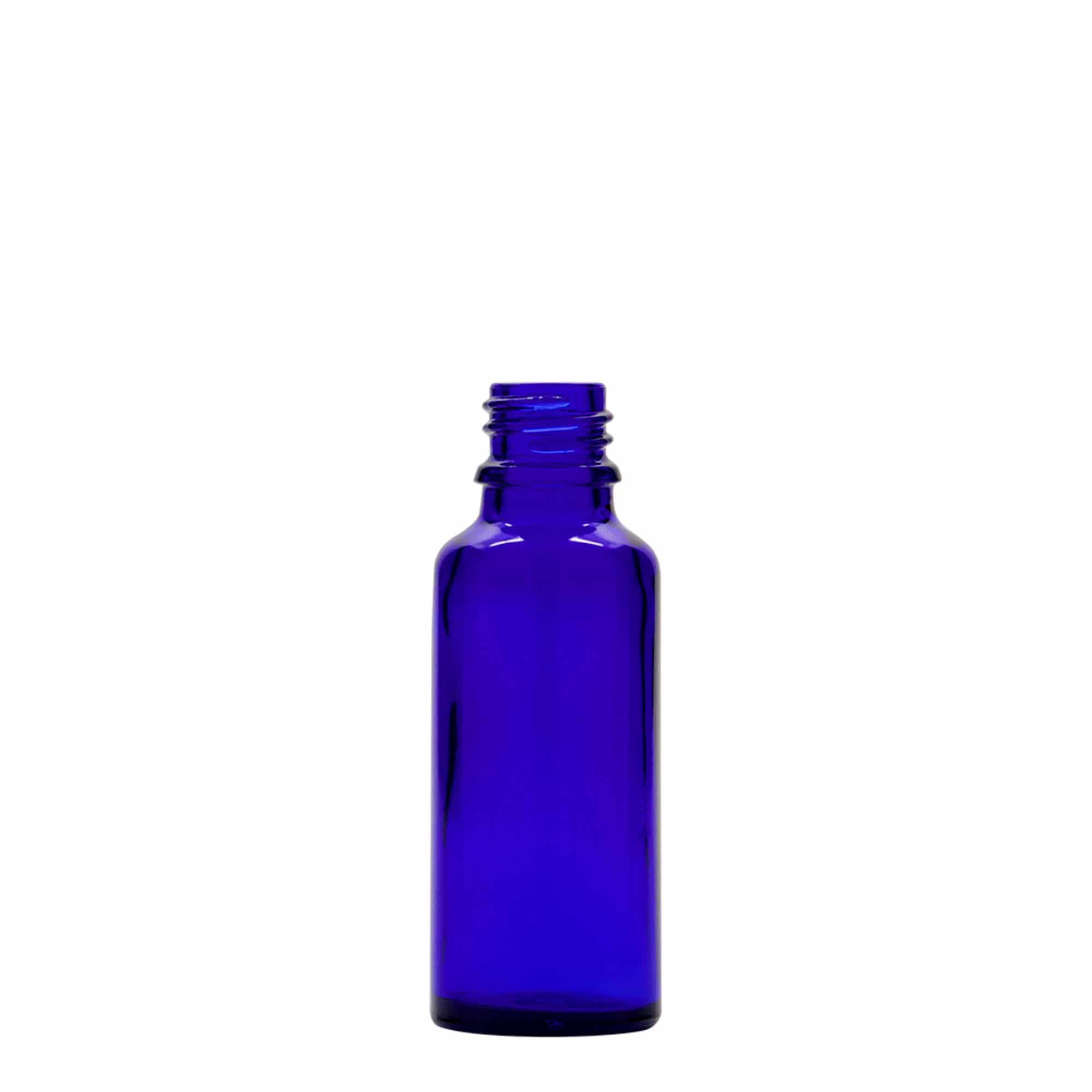 30 ml pipetės buteliukas, medis, stiklas, karališkai mėlyna-raudona, anga: DIN 18