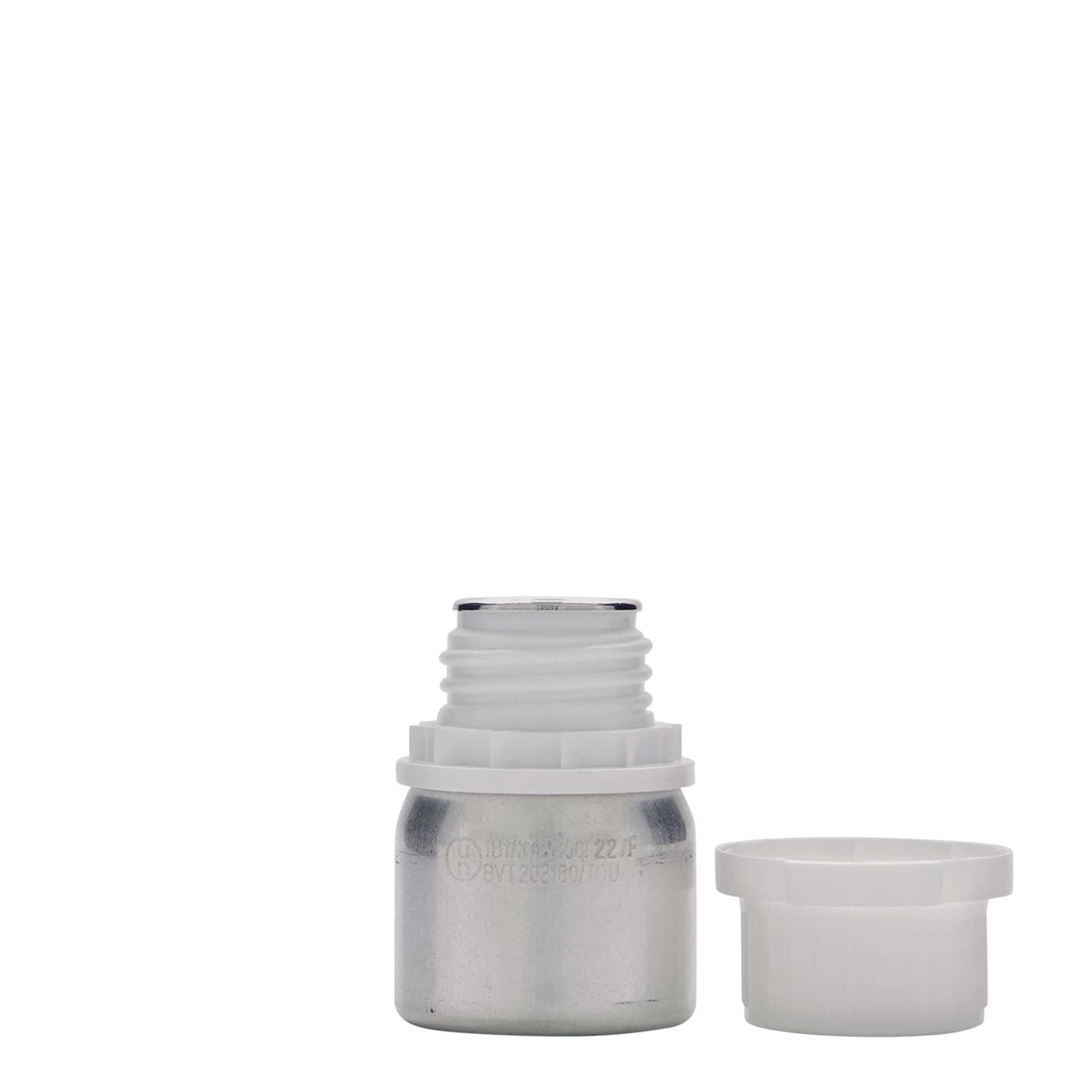 50 ml aliuminio buteliukas, metalas, sidabrinės spalvos, anga: DIN 32