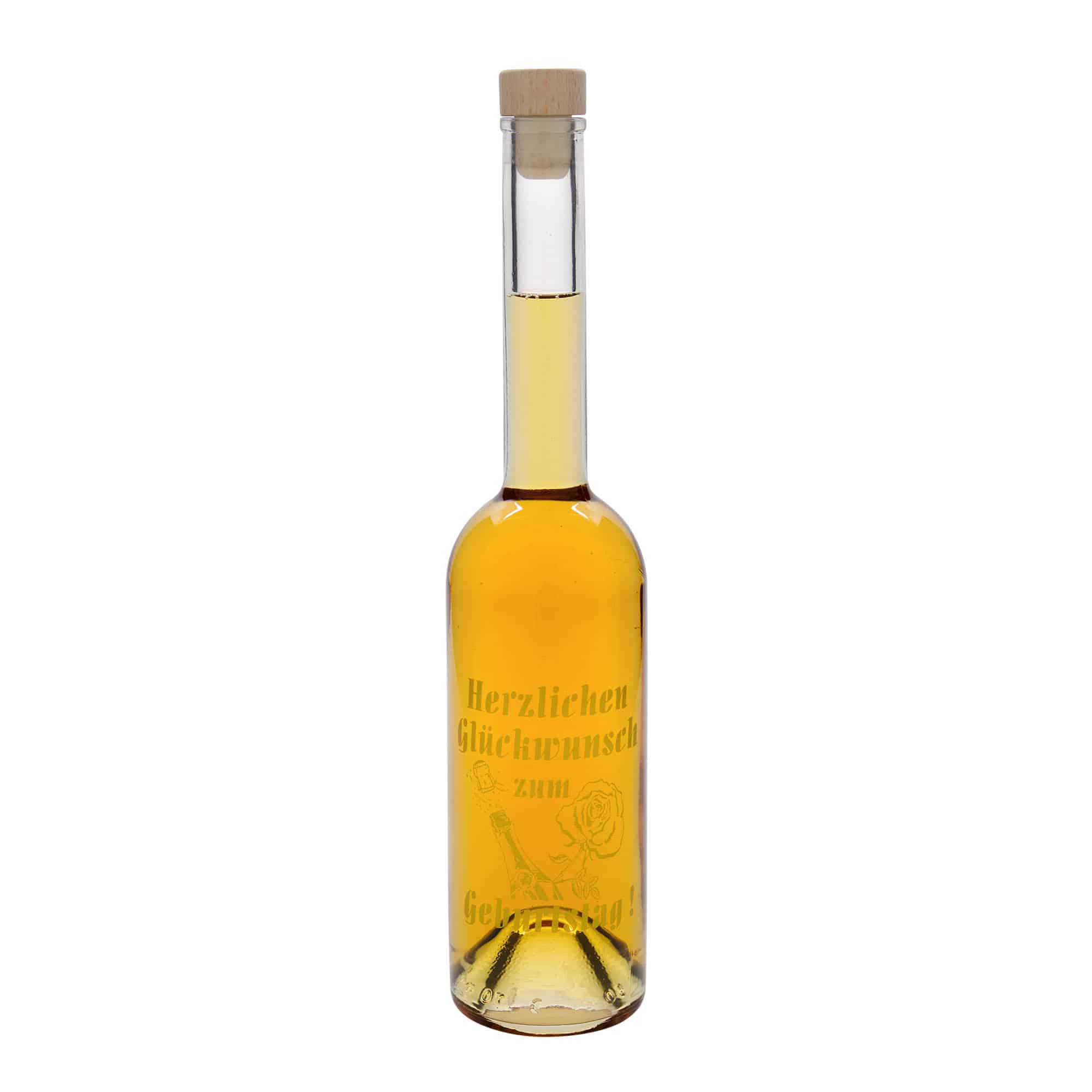 500 ml stiklinis butelis „Opera“, motyvas: gimtadienio butelis, kaklelis: kamštis