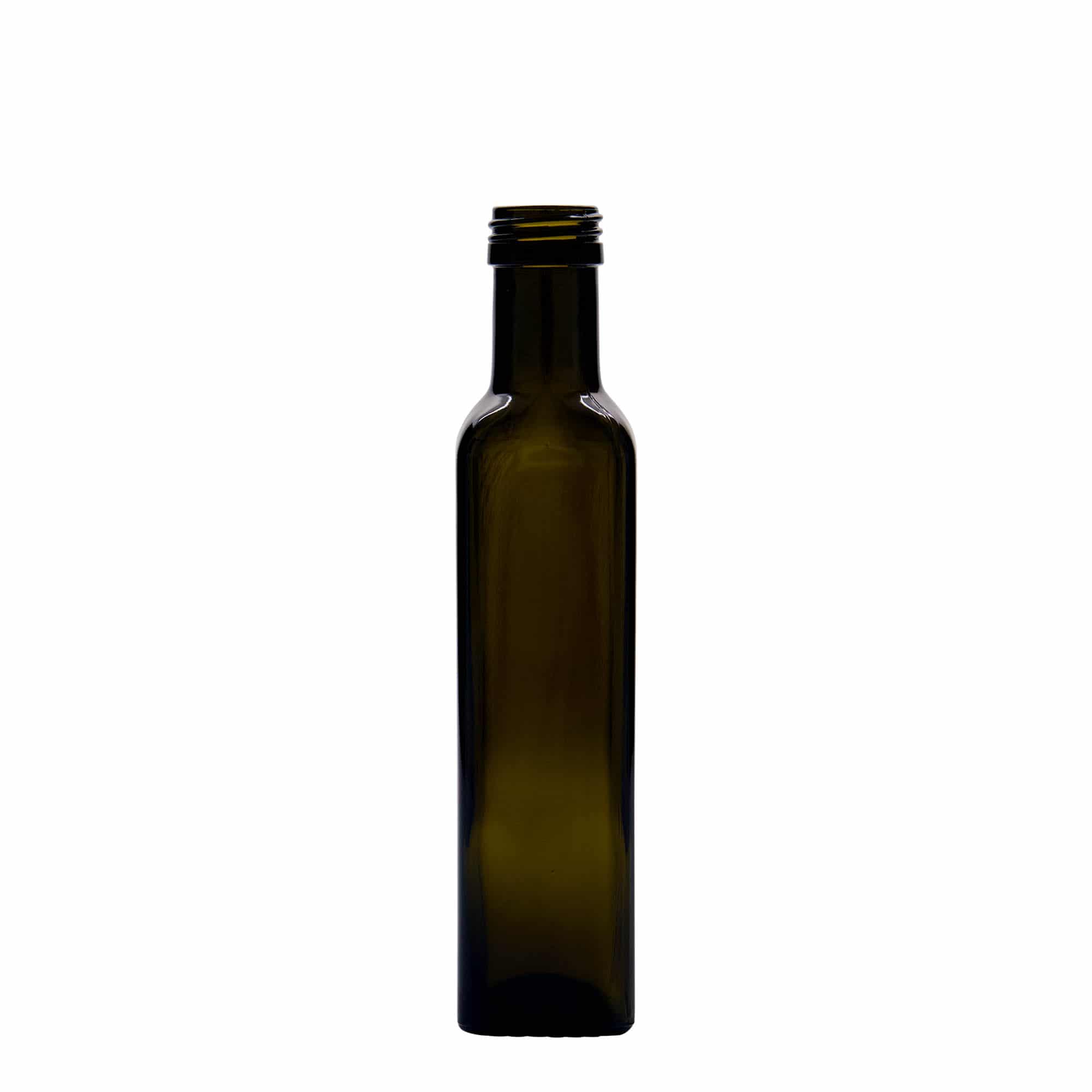 250 ml stiklinis butelis „Marasca“, kvadratinis, antikinės žalumos, anga: PP 31,5