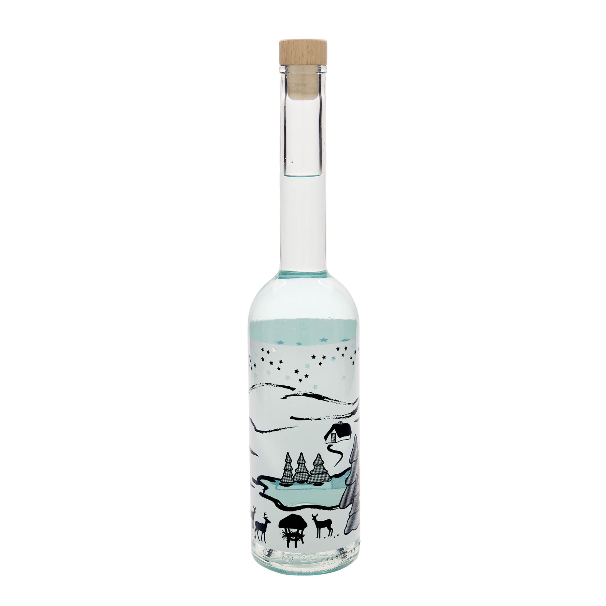 500 ml stiklinis butelis „Opera“, motyvas: žiemos sapnas-bianco, kamštis: kamštis