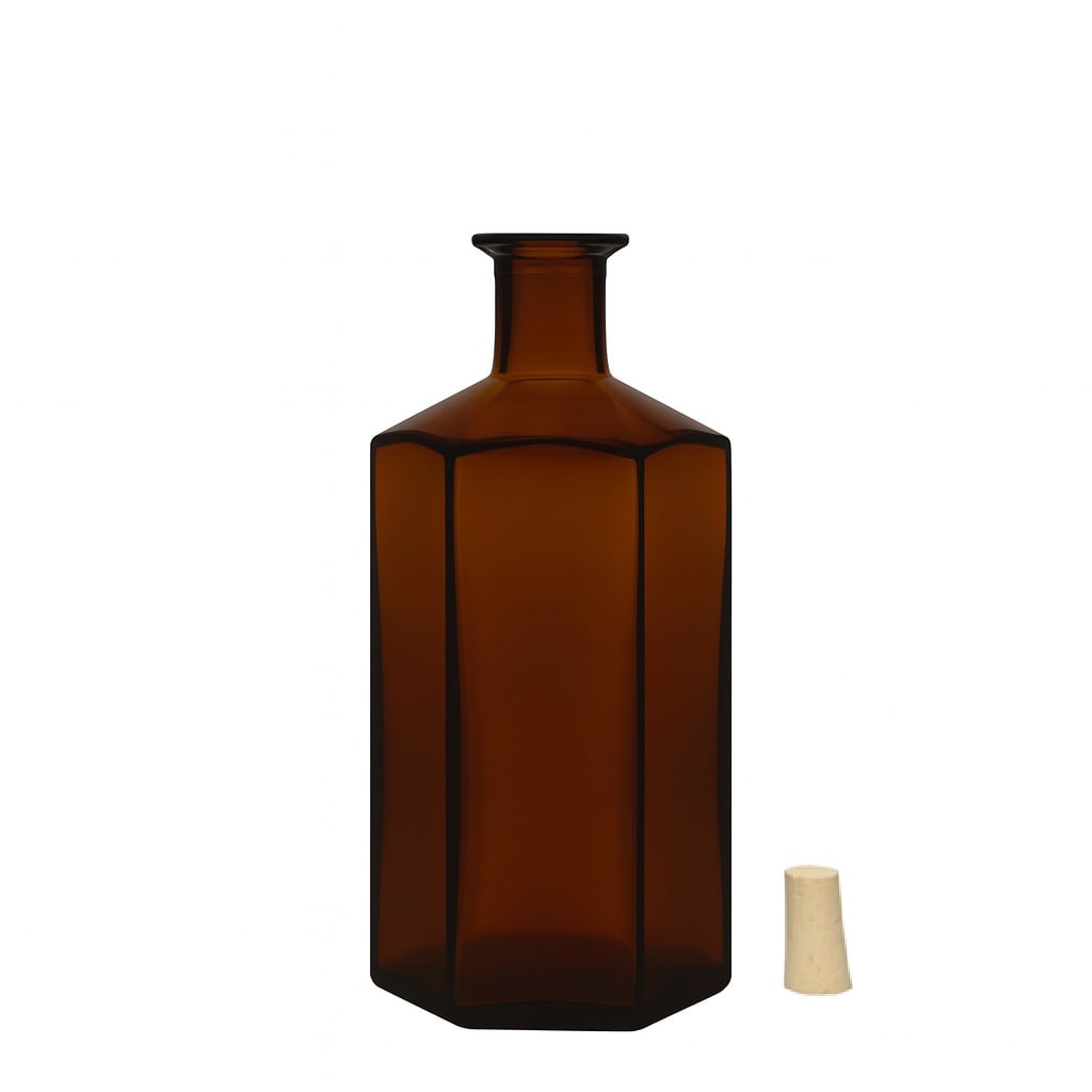 500 ml stiklinis butelis „Jimmy“ vaistininkui, šešiakampis, rudas, kamštis