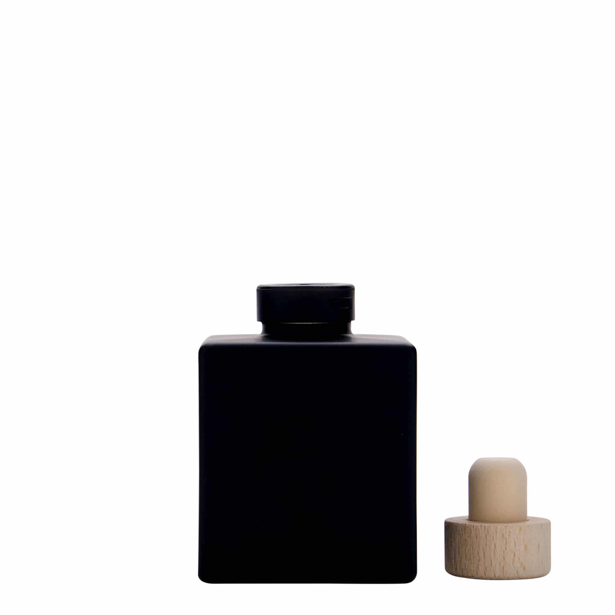 100 ml stiklinis butelis „Cube“, kvadratinis, juodas, anga: kamštis