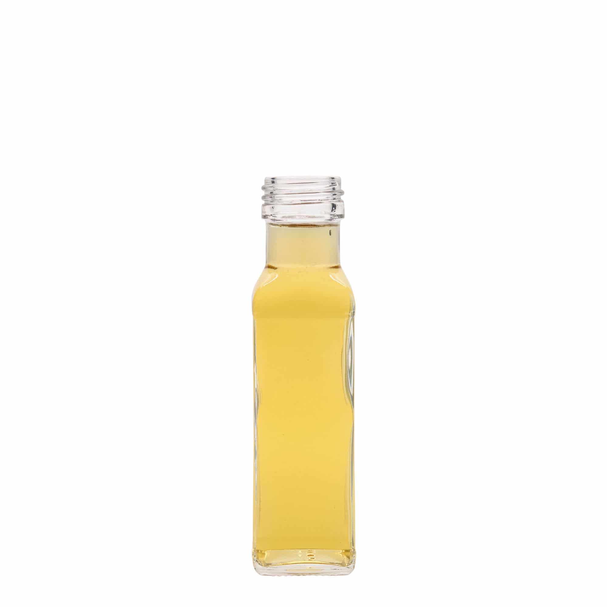 100 ml stiklinis buteliukas „Marasca“, kvadratinis, anga: PP 31,5