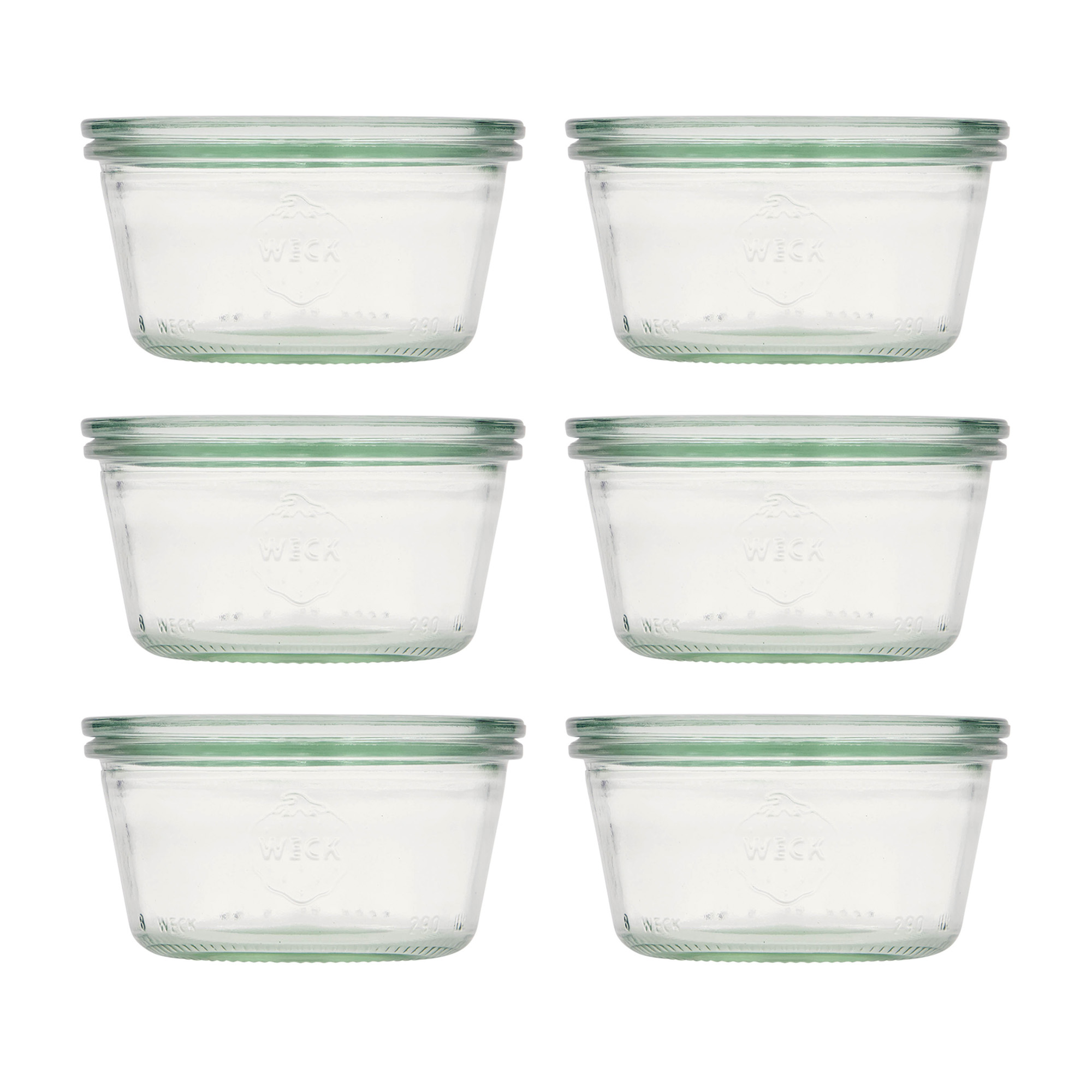 6x 290 ml žemas WECK-stiklainis su plačiu burnu su stiklo dangteliu RR 100