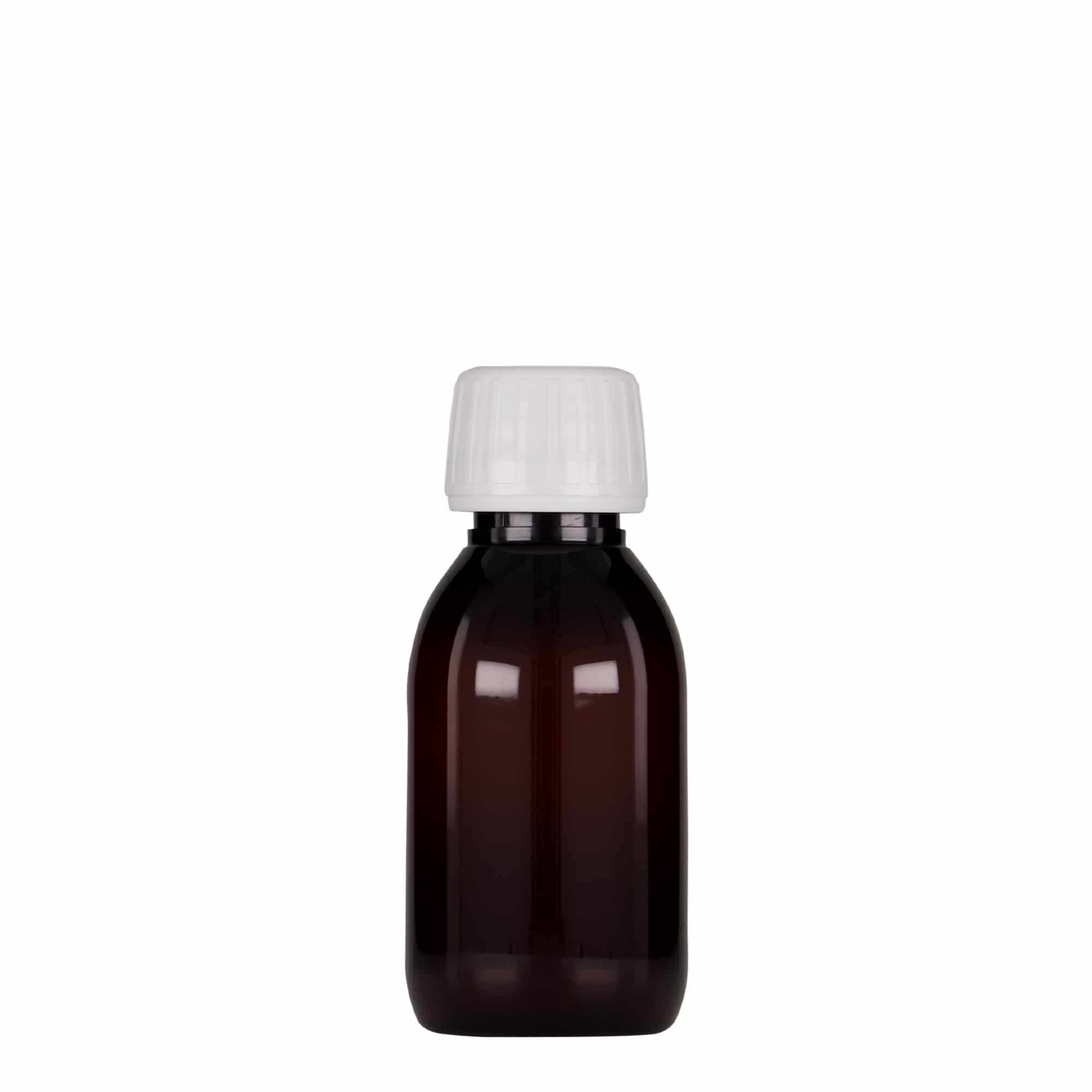 100 ml PET medicininis buteliukas, rudas, plastikas, anga: PP 28