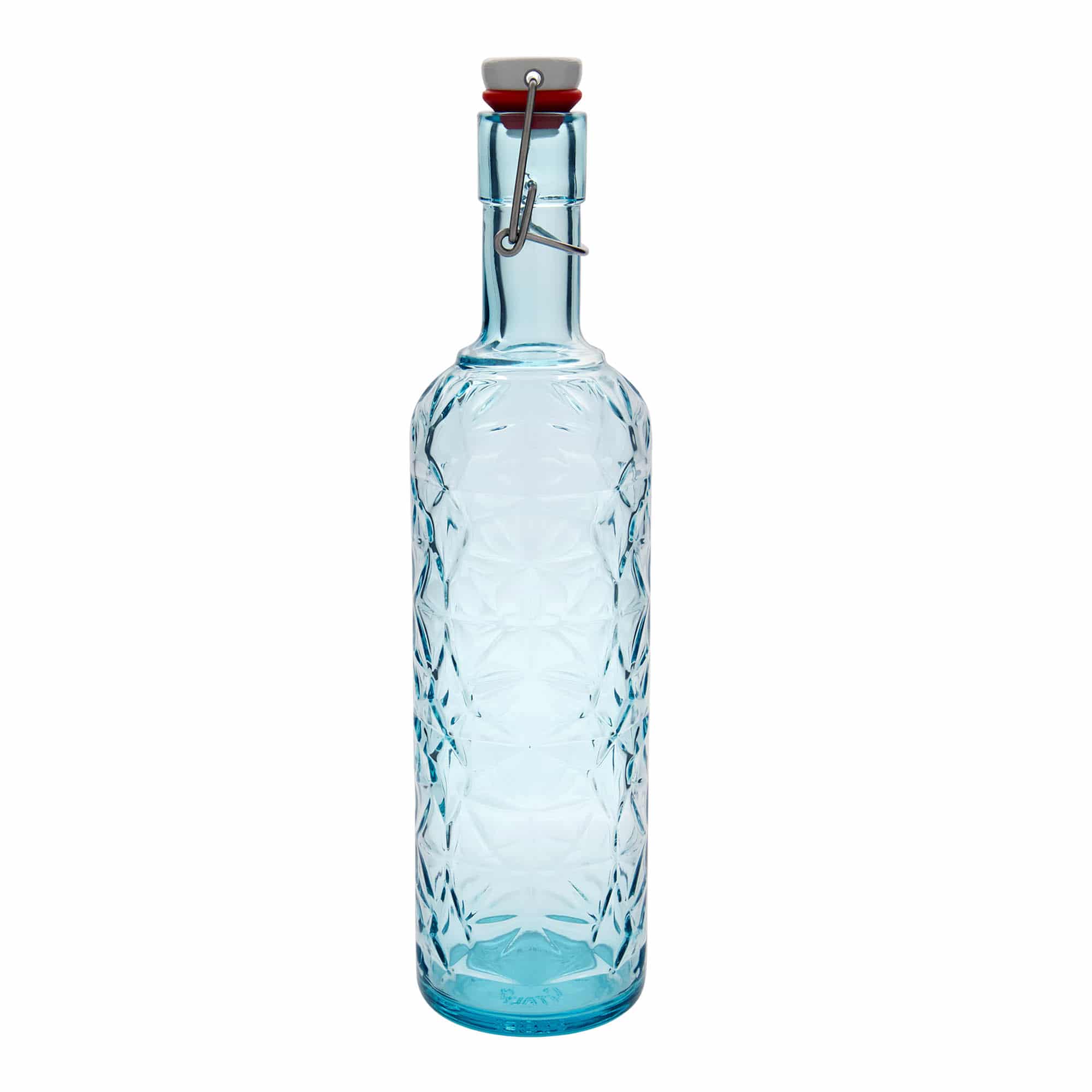 1.000 ml stiklinis butelis „Oriente“, azuro mėlynas, anga: spaustukas