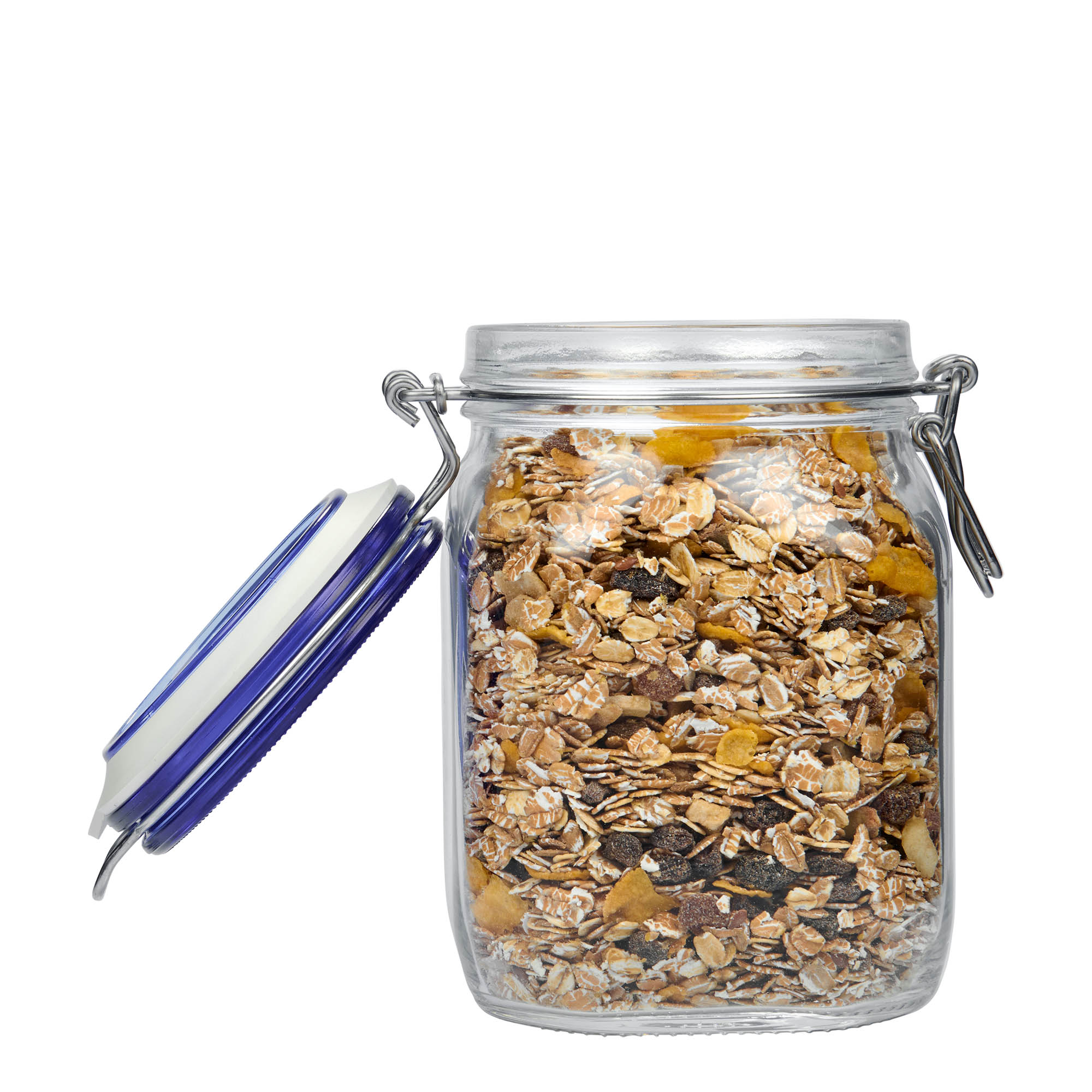 1.000 ml vielos užsegimo stiklainis „Fido“ su mėlynu dangteliu, keturkampis, atidarymas: vielos užsegimas 1.000 ml vielos užsegimo stiklainis „Fido“ su mėlynu dangteliu, keturkampis, atidarymas: vielos užsegimas