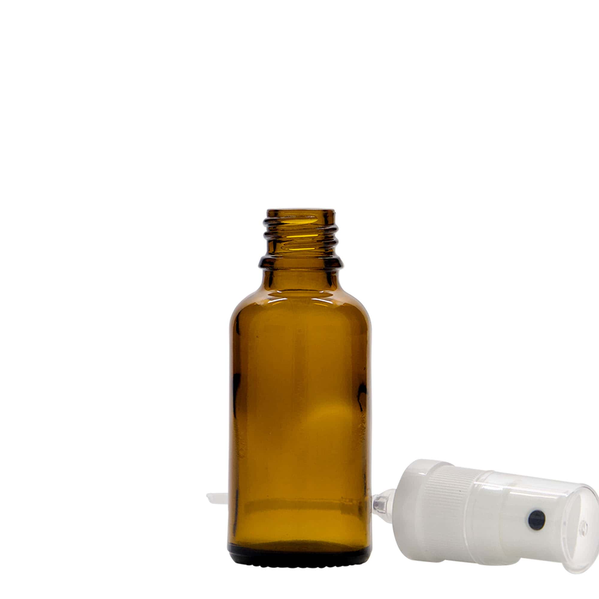 30 ml purškiama medicininė buteliuko, stiklas, rudas, anga: DIN 18