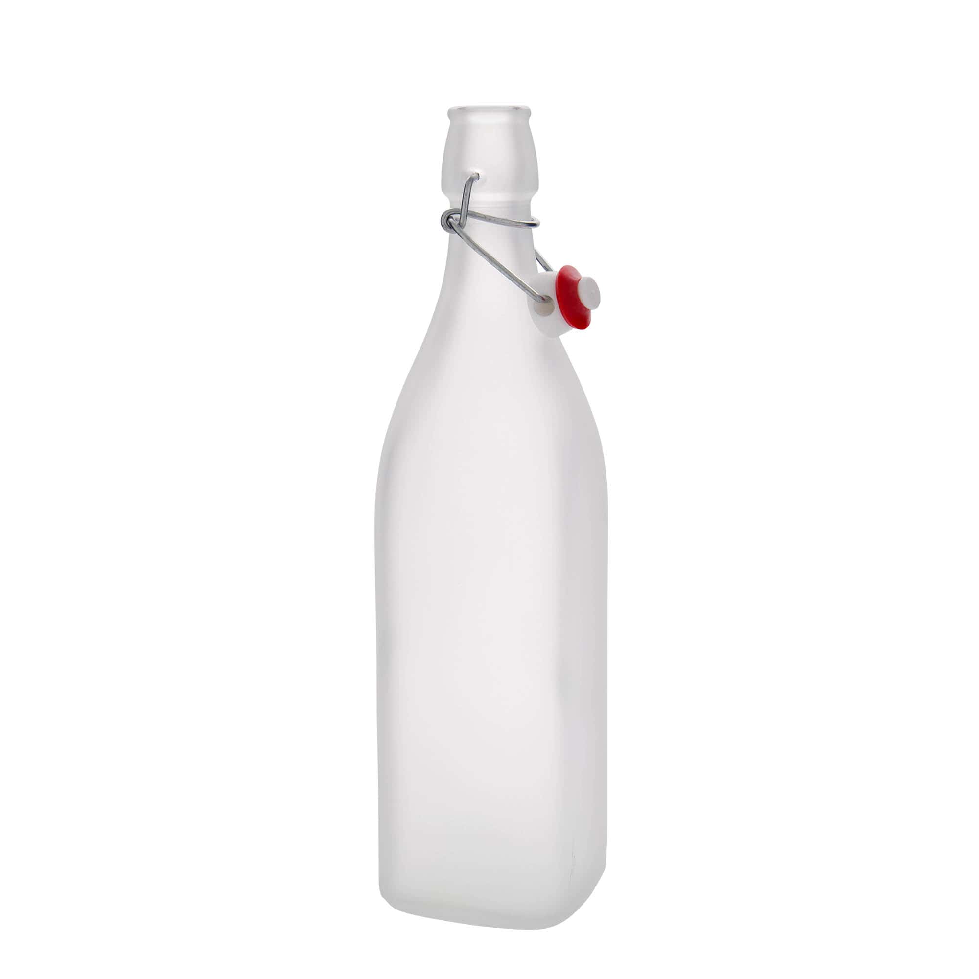 1.000 ml stiklinis butelis „Swing“, kvadratinis, matinė, kaklelis: užsegimas su lankeliu