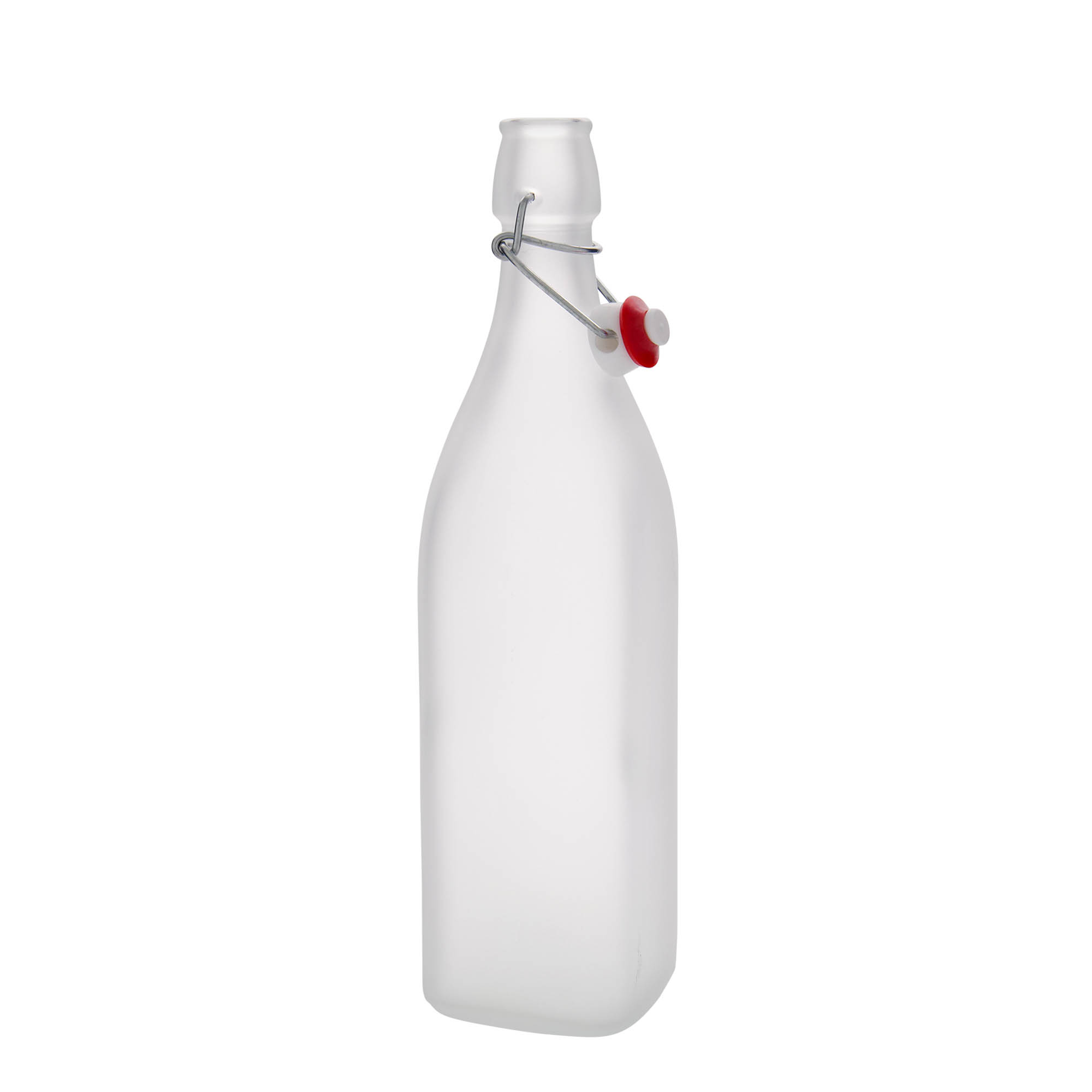 1.000 ml stiklinis butelis „Swing“, kvadratinis, matinė, kaklelis: užsegimas su lankeliu
