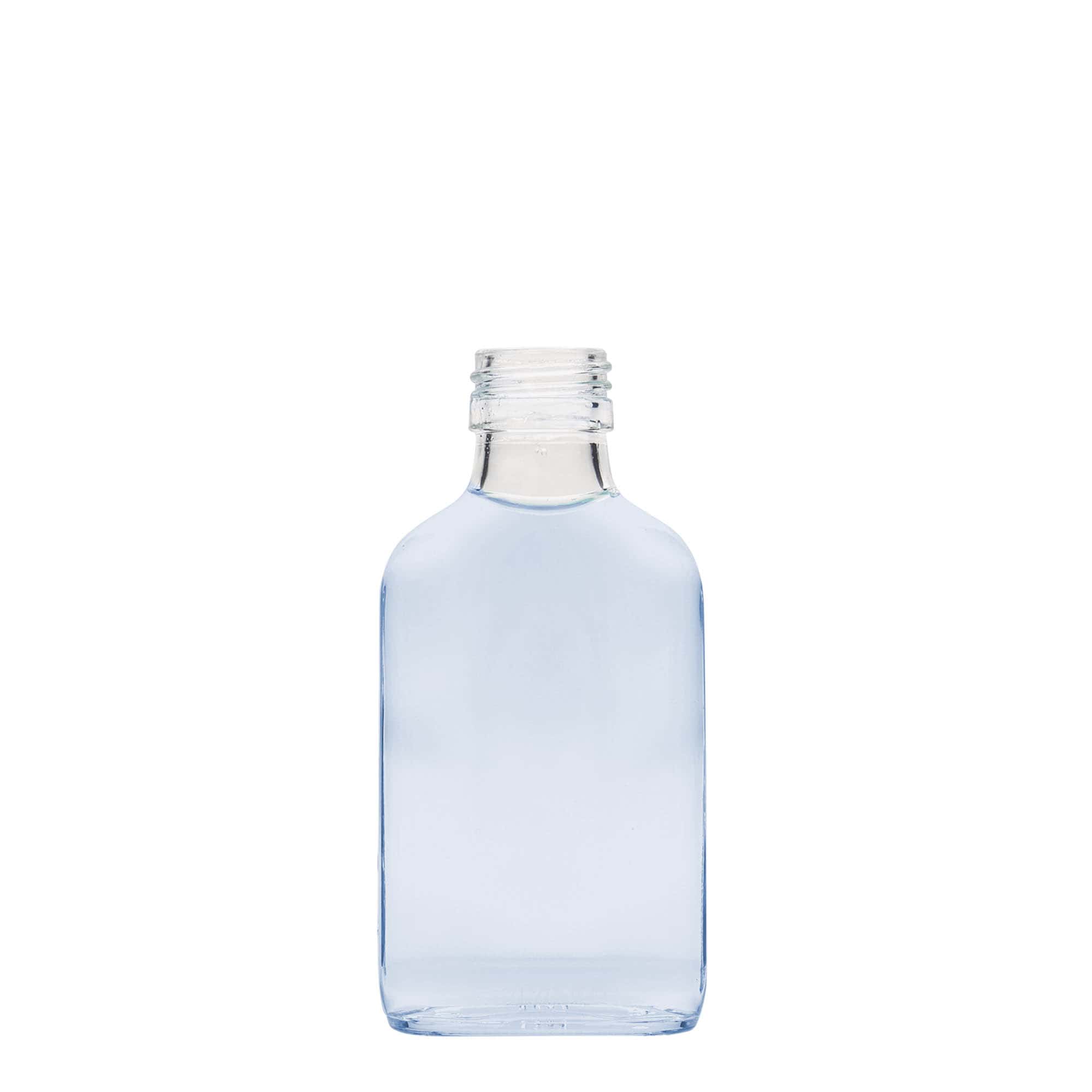 100 ml kišeninė buteliuko forma, stačiakampė, stiklas, anga: PP 28