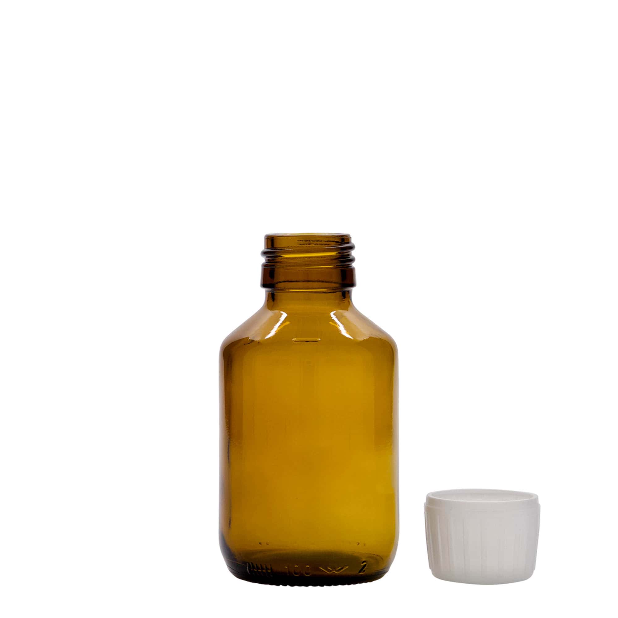 100 ml medicininis buteliukas, rudas, stiklas, burna: PP 28
